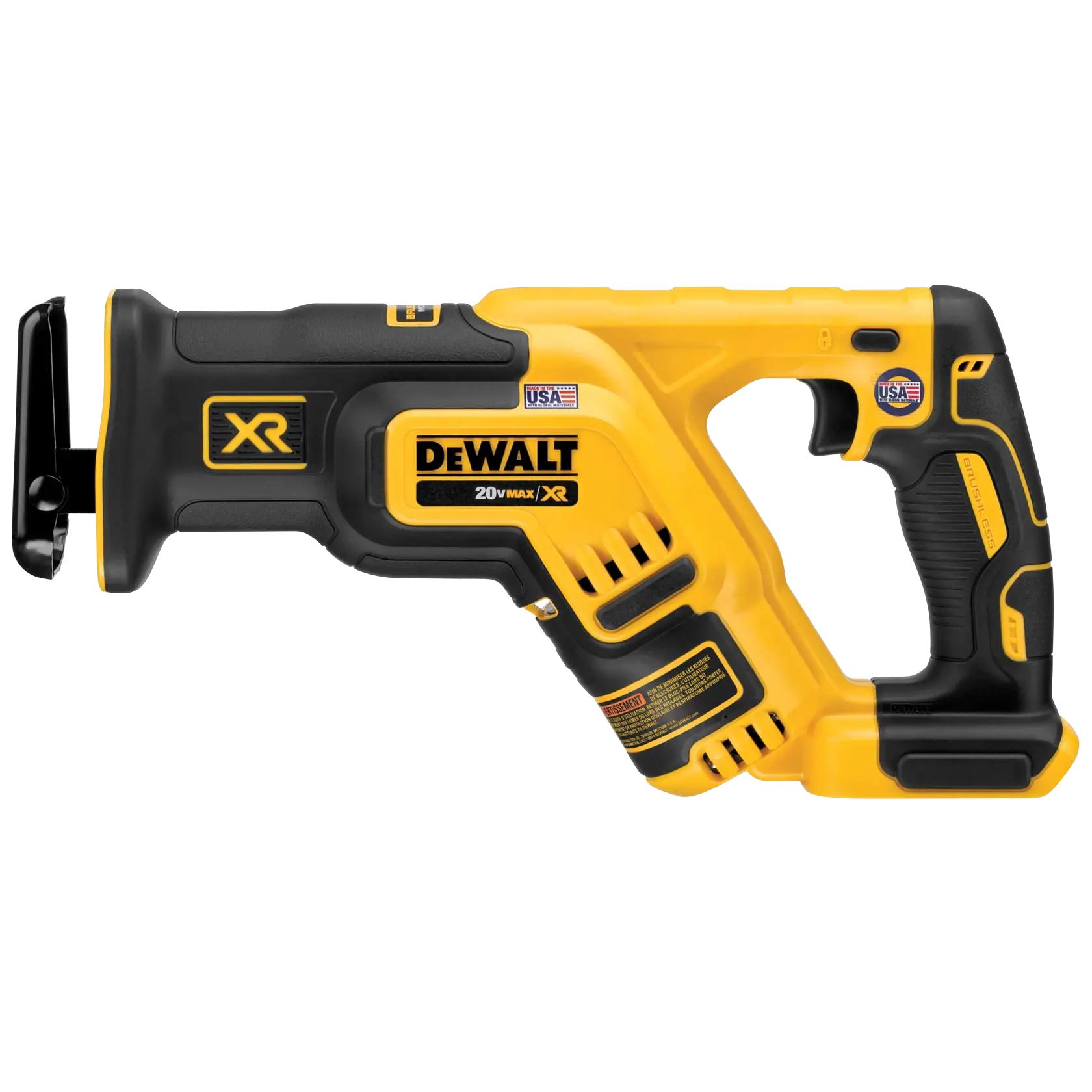 A yellow and black DEWALT 20V Max XR cordless reciprocating saw, shown from the side. The tool features ergonomic grips and DEWALT branding, with labels indicating its XR model and made in the USA.