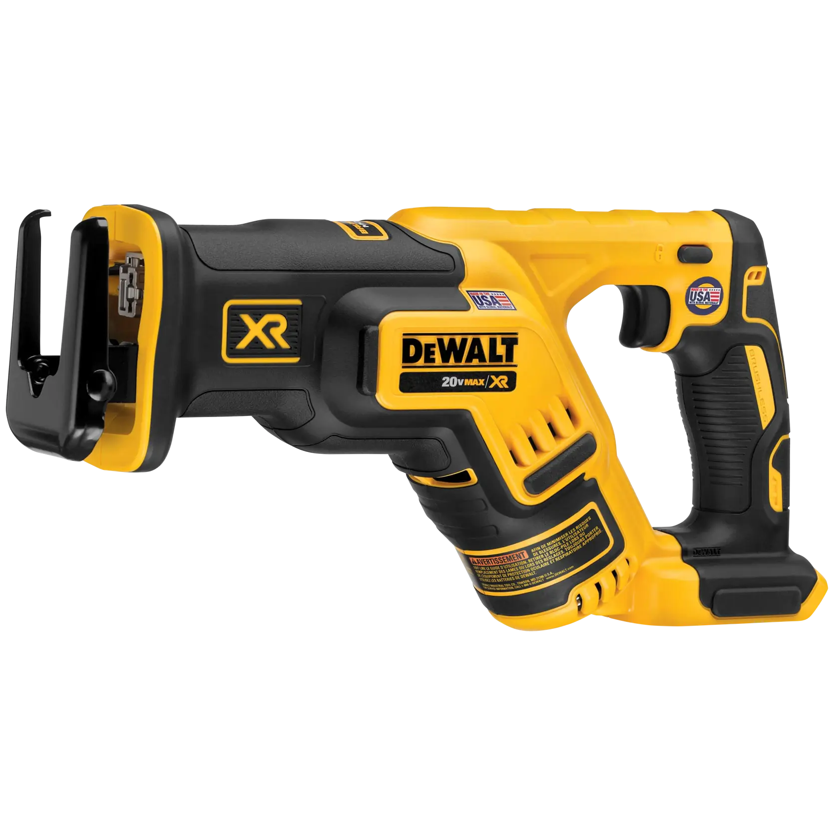 A DEWALT 20V Max XR cordless reciprocating saw, featuring a yellow and black design. The saw has a comfortable handle with grip and XR branding, suitable for cutting various materials.