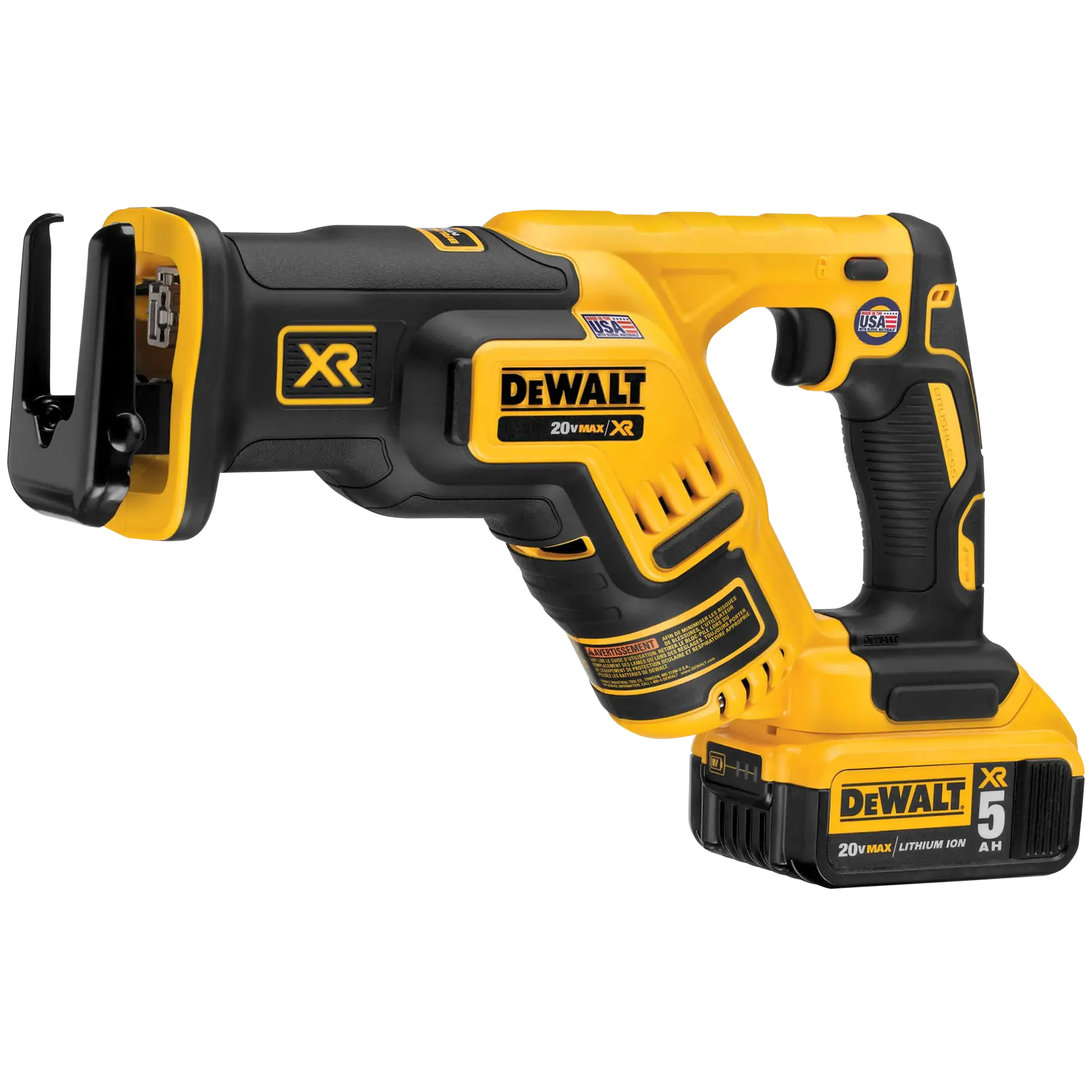 A DEWALT 20V MAX XR cordless reciprocating saw with a black and yellow design, featuring a compact ergonomic handle and a 5.0 Ah lithium-ion battery pack.