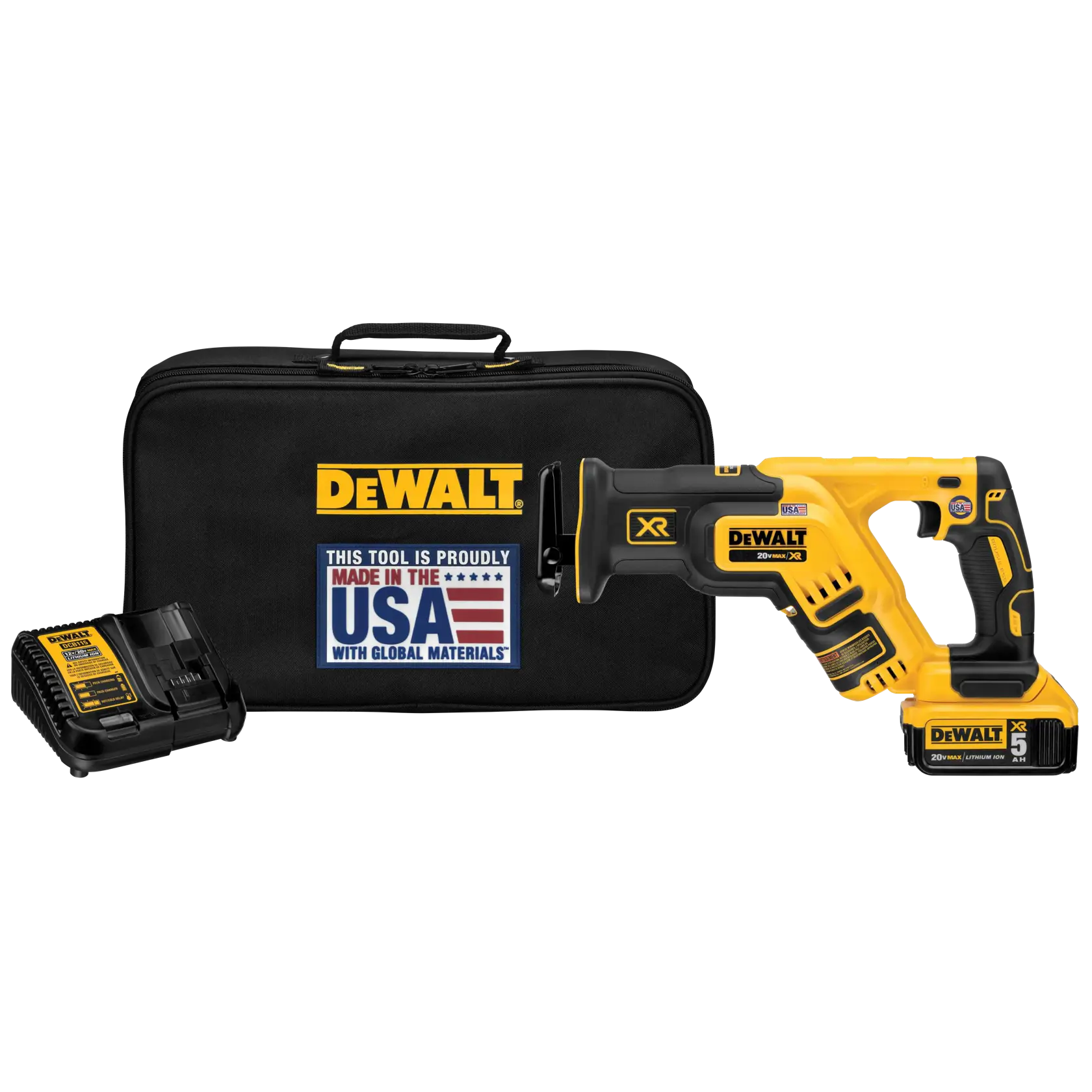 DEWALT DCS367P1 cordless reciprocating saw kit, including a yellow and black reciprocating saw, a DEWALT-branded black carrying case labeled 'Made in the USA with Global Materials,' and a battery charger.