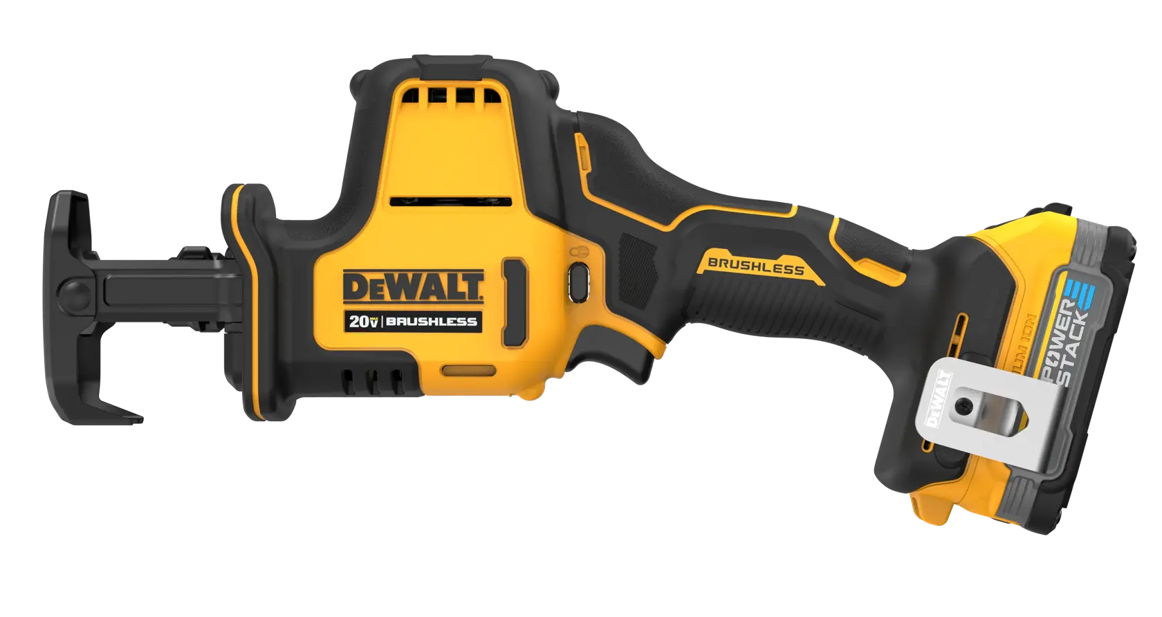 Reciprocating saw with DEWALT POWERSTACK(™) battery from the side