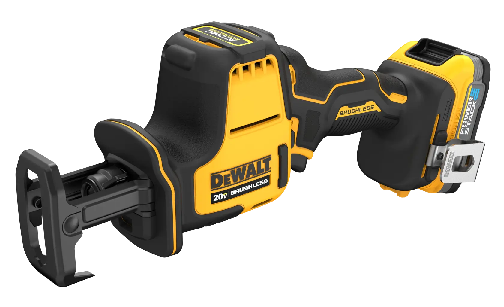 Reciprocating saw with DEWALT POWERSTACK(™) battery from above