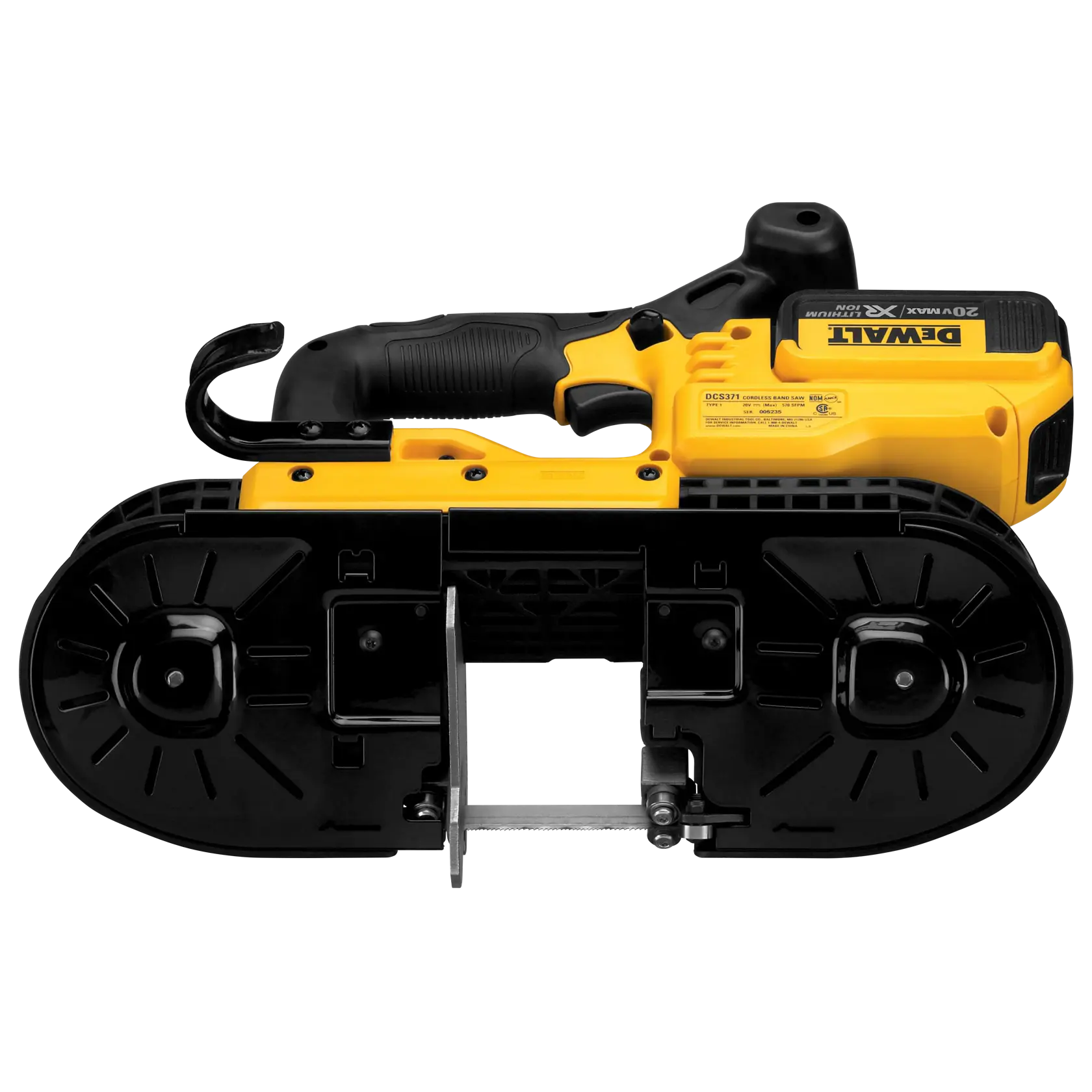 A DEWALT DCS3711 cordless band saw with a yellow and black handle and housing, designed for cutting metal or other materials.
