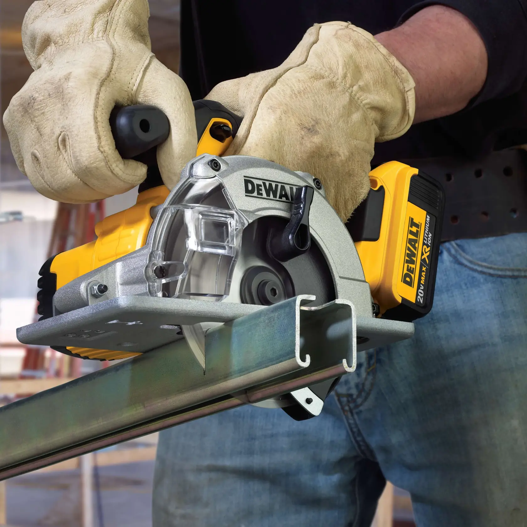 A close-up of a person wearing gloves using a DEWALT cordless circular saw to cut a piece of metal. The saw is powered by a 20V MAX XR lithium-ion battery.