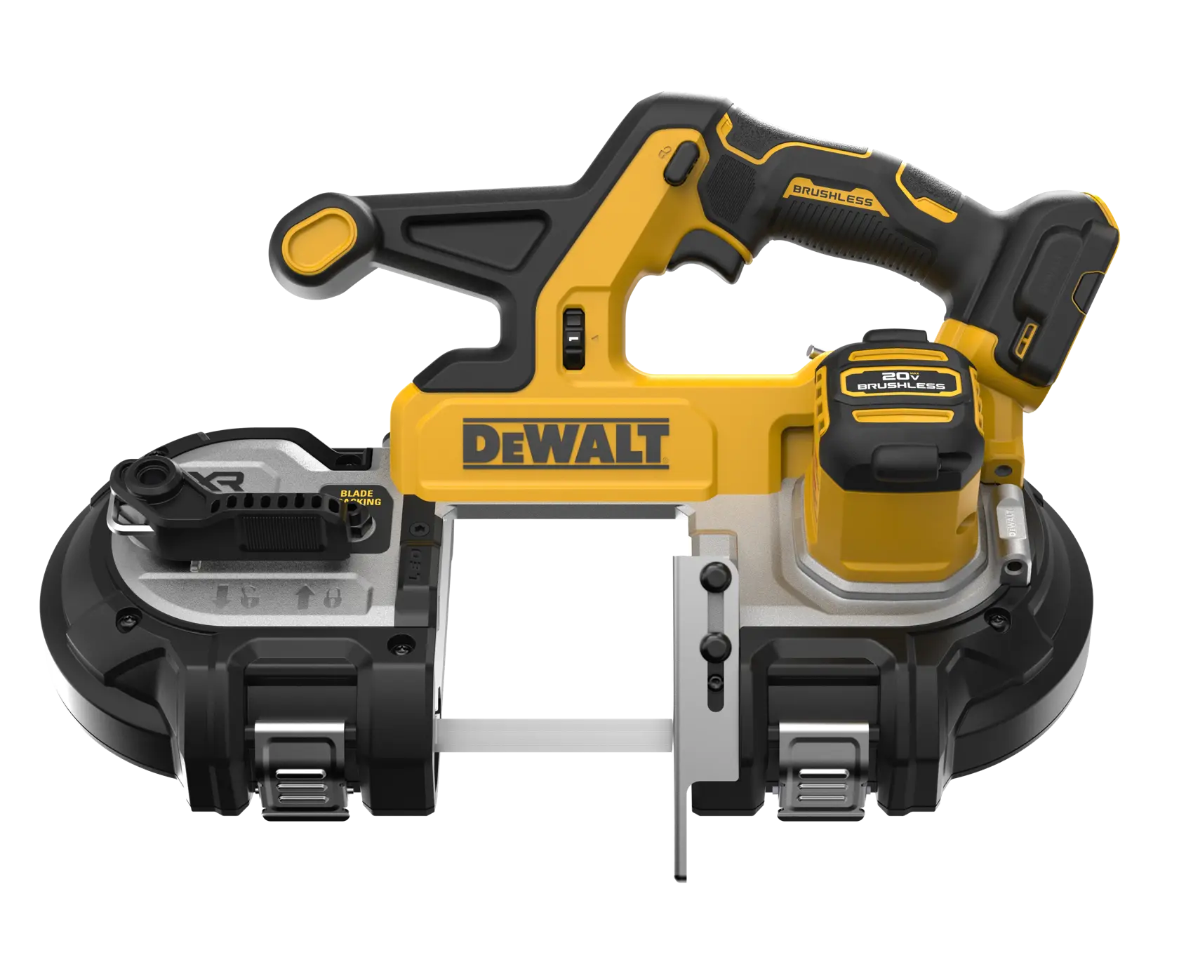 DEWALT 20V* MAX XR Mid-Size Bandsaw viewed staight on showing the front of the tool