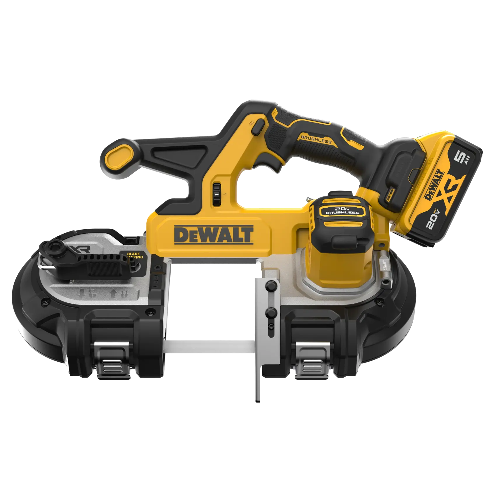 DEWALT 20V* MAX XR Mid-Size Bandsaw with 5 AH battery viewed straight on showing the front of the tool