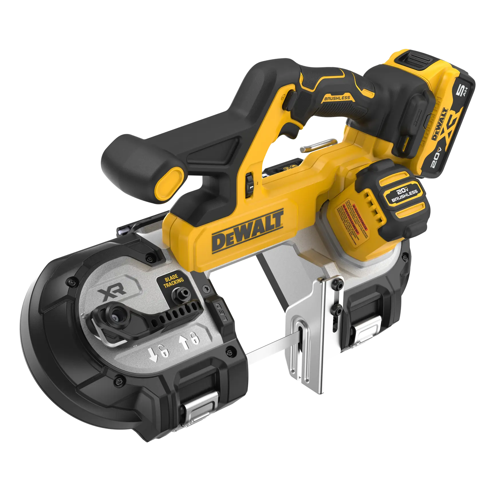 DEWALT 20V* MAX XR Mid-Size Bandsaw with 5 AH battery viewed from top right angle