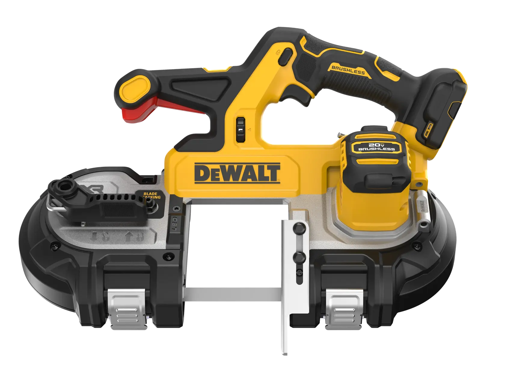 DEWALT 20V* MAX XR Mid-Size Dual Switch Bandsaw viewed straight on showing the front of the tool