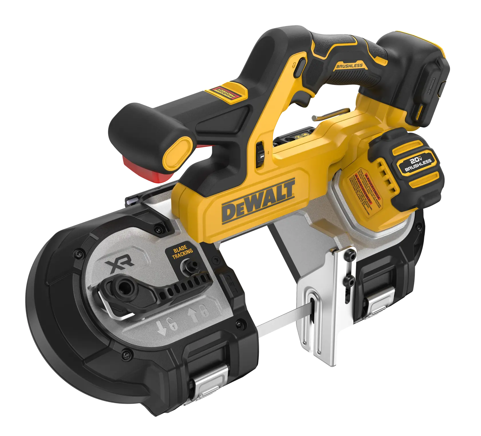 DEWALT 20V* MAX XR Mid-Size Dual Switch Bandsaw viewed from top right angle