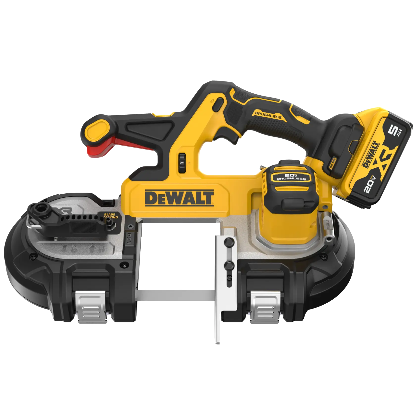 DEWALT 20V* MAX XR Mid-Size Dual Switch Bandsaw with 5 AH battery viewed straight on showing the front of the tool