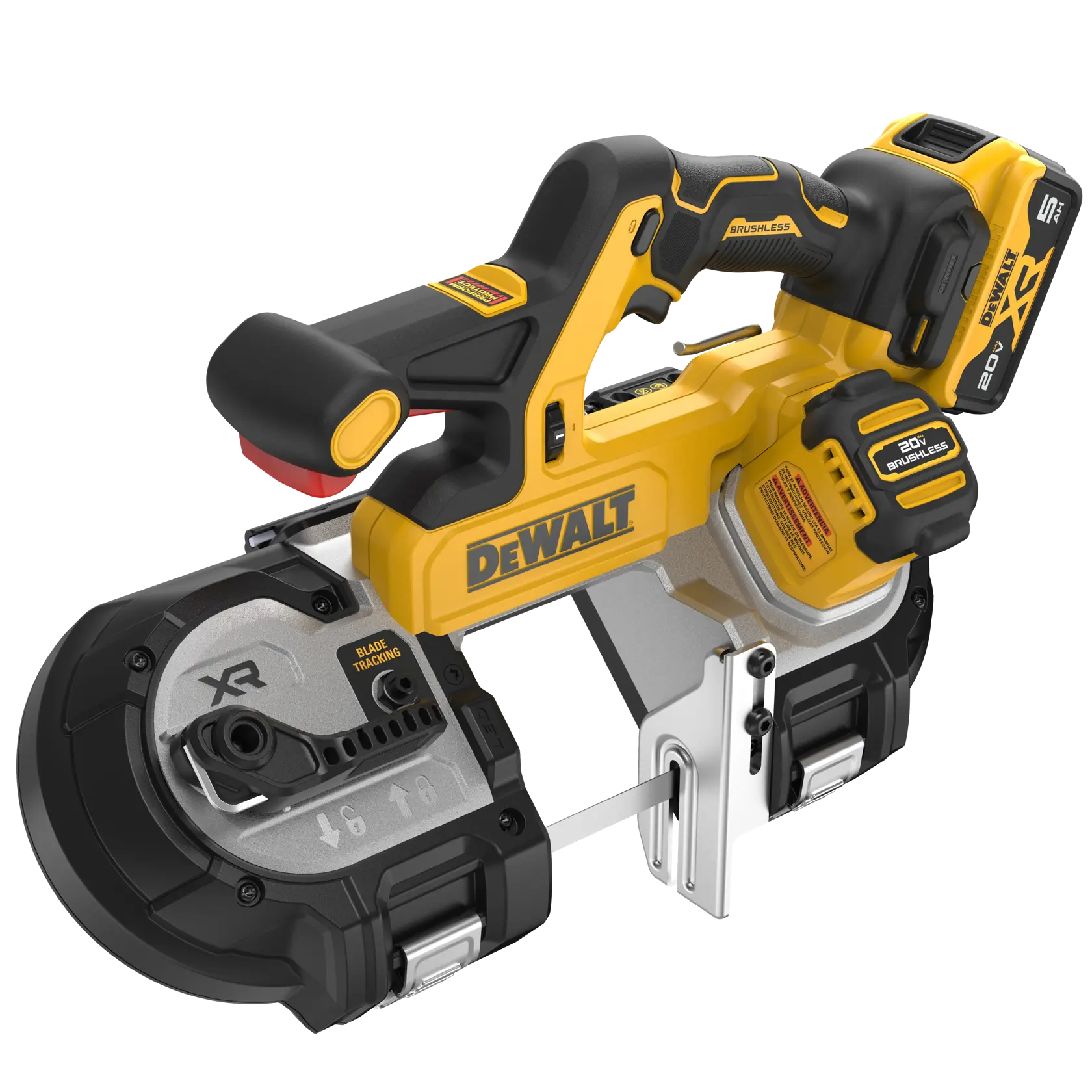 DEWALT 20V* MAX XR Mid-Size Dual Switch Bandsaw with 5 AH battery viewed from top right angle