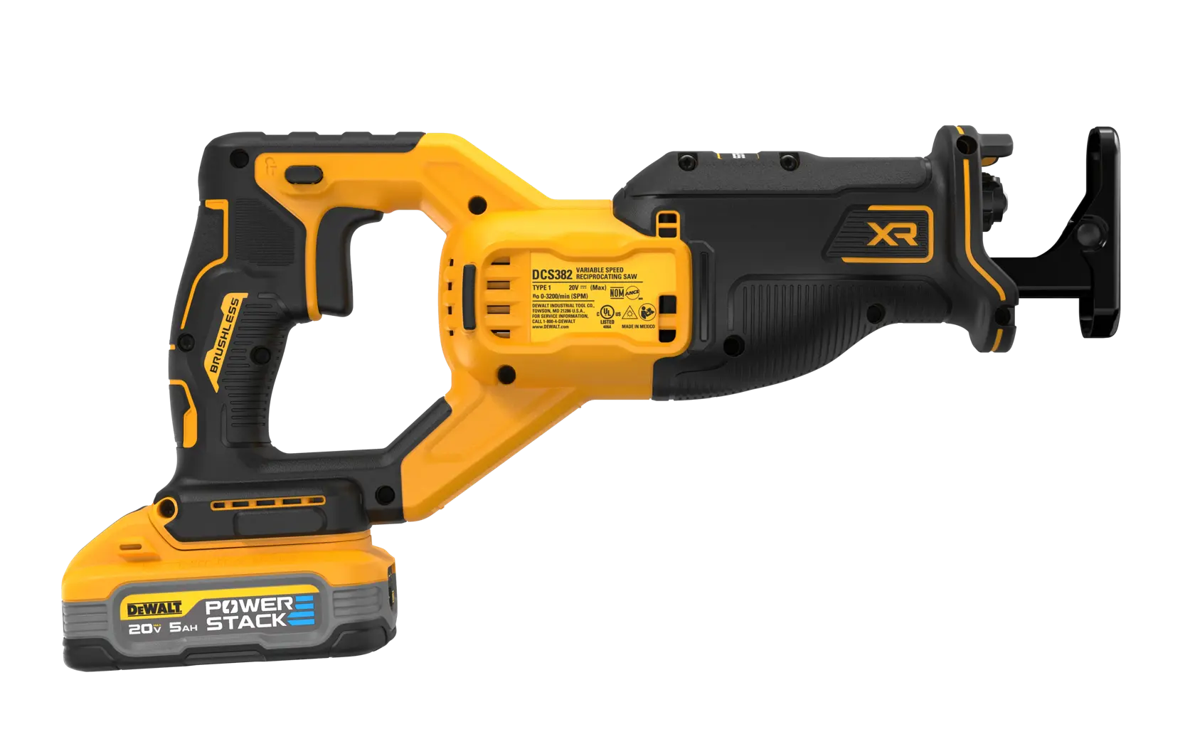 Reciprocating saw with DEWALT POWERSTACK five amp hour battery at a profile view