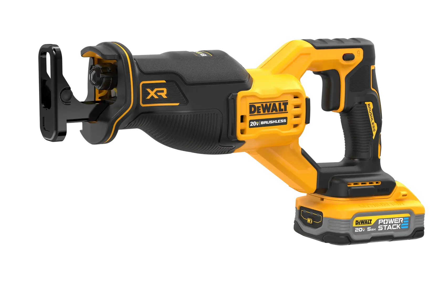 Reciprocating saw with DEWALT POWERSTACK five amp hour battery at a slight angle 