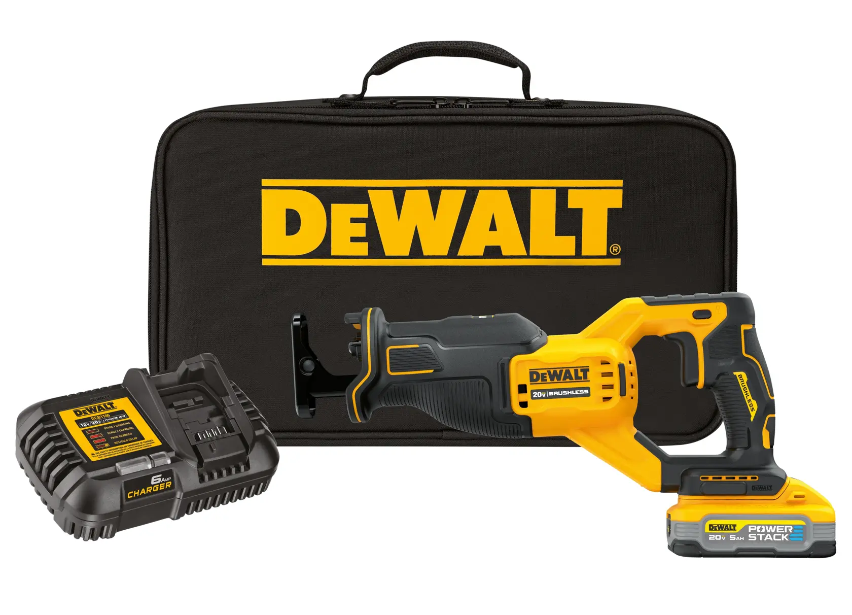 Reciprocating Saw tool kit that includes a charger, kit bag, and DEWALT POWERSTACK five amp hour battery 