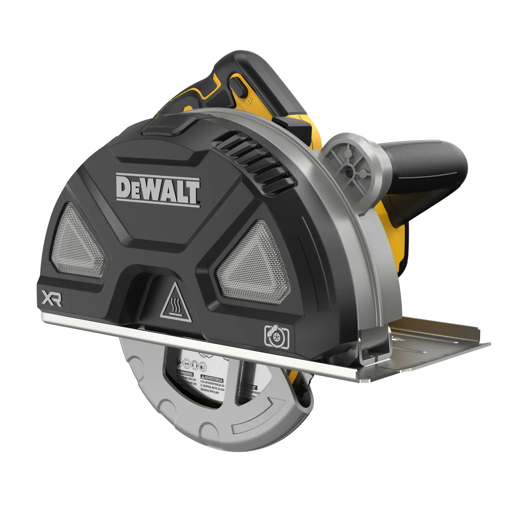 DEWALT 20V MAX* XR Metal Cutting Circular Saw viewed from the front right side on white background.