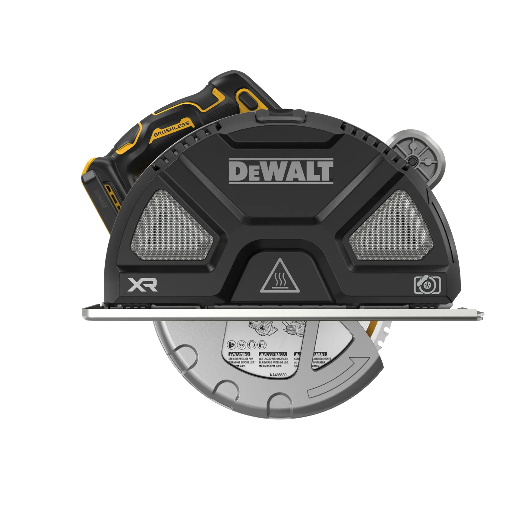 DEWALT 20V MAX* XR Metal Cutting Circular Saw viewed straight on showing the front side on white background.