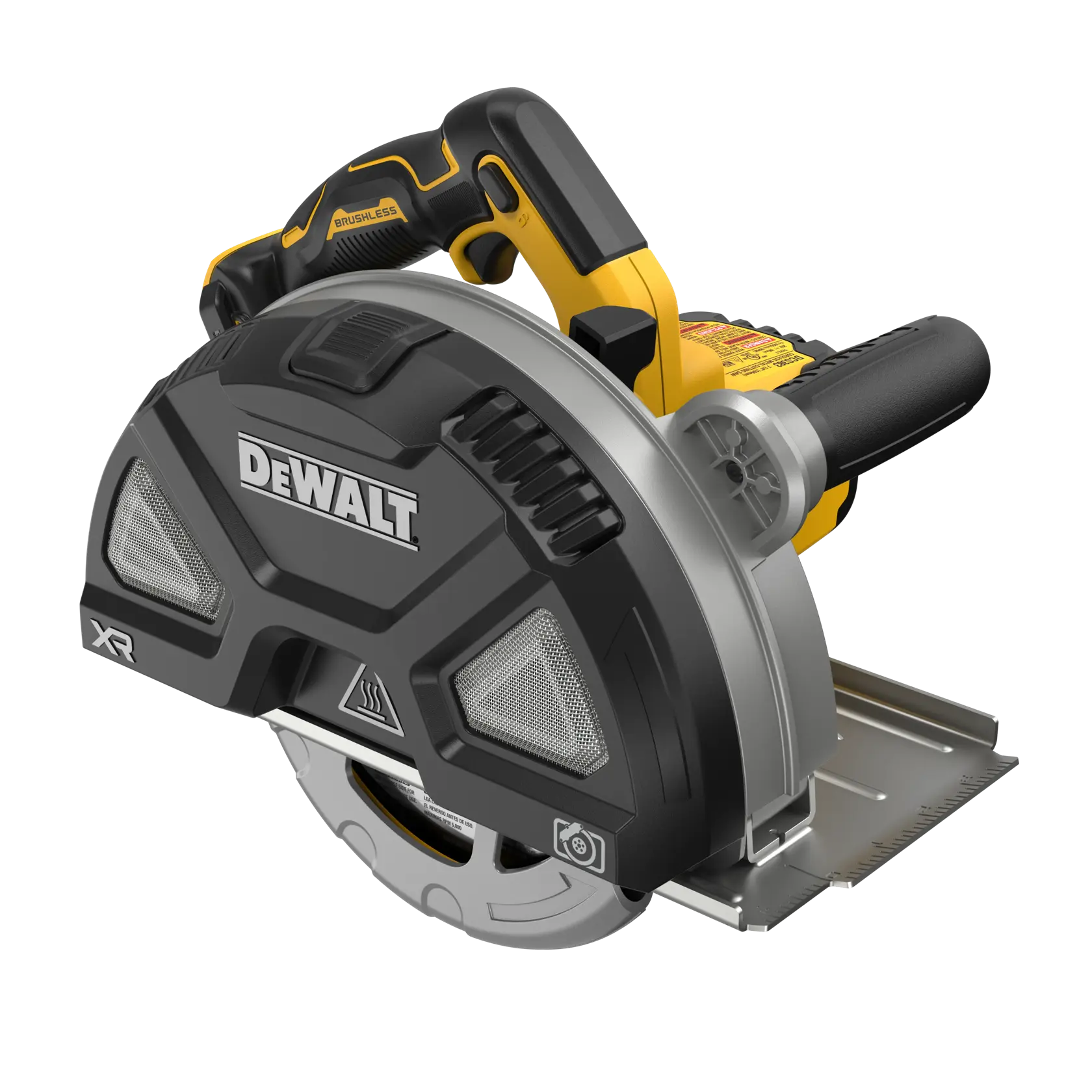 DEWALT 20V MAX* XR Metal Cutting Circular Saw viewed from top right angle on white background.