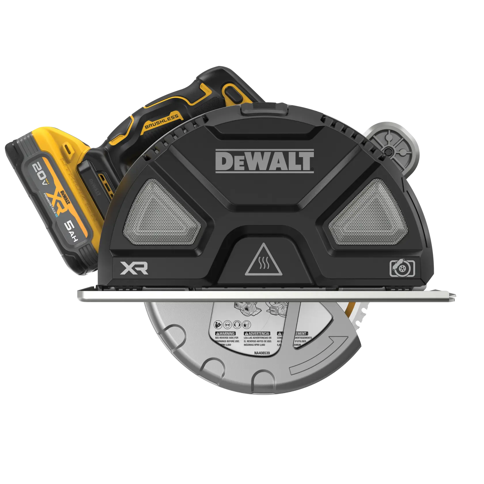 DEWALT 20V MAX* XR Metal Cutting Circular Saw with XR Battery viewed straight on showing the front side on white background.