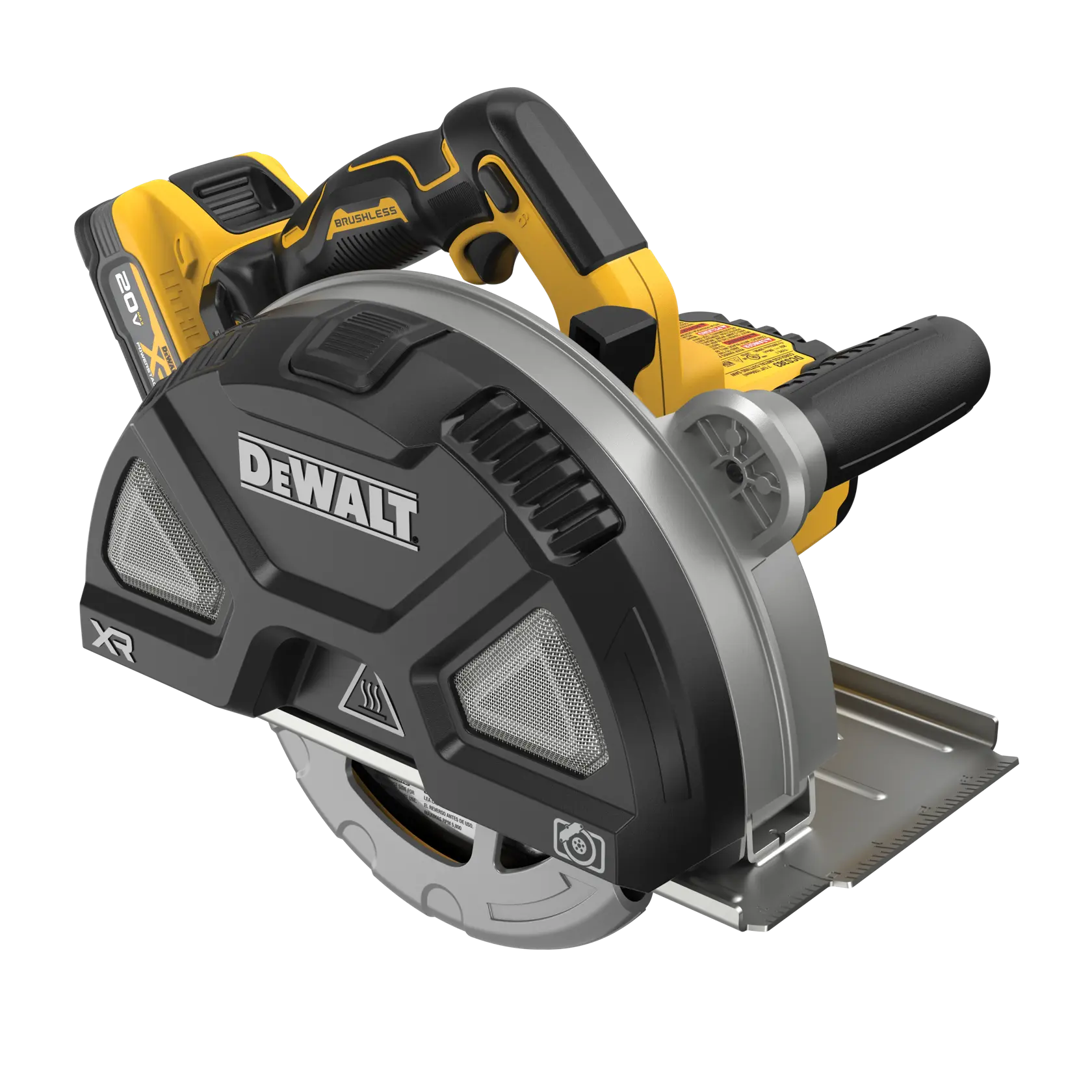 DEWALT 20V MAX* XR Metal Cutting Circular Saw with XR Battery viewed from top right angle on white background.
