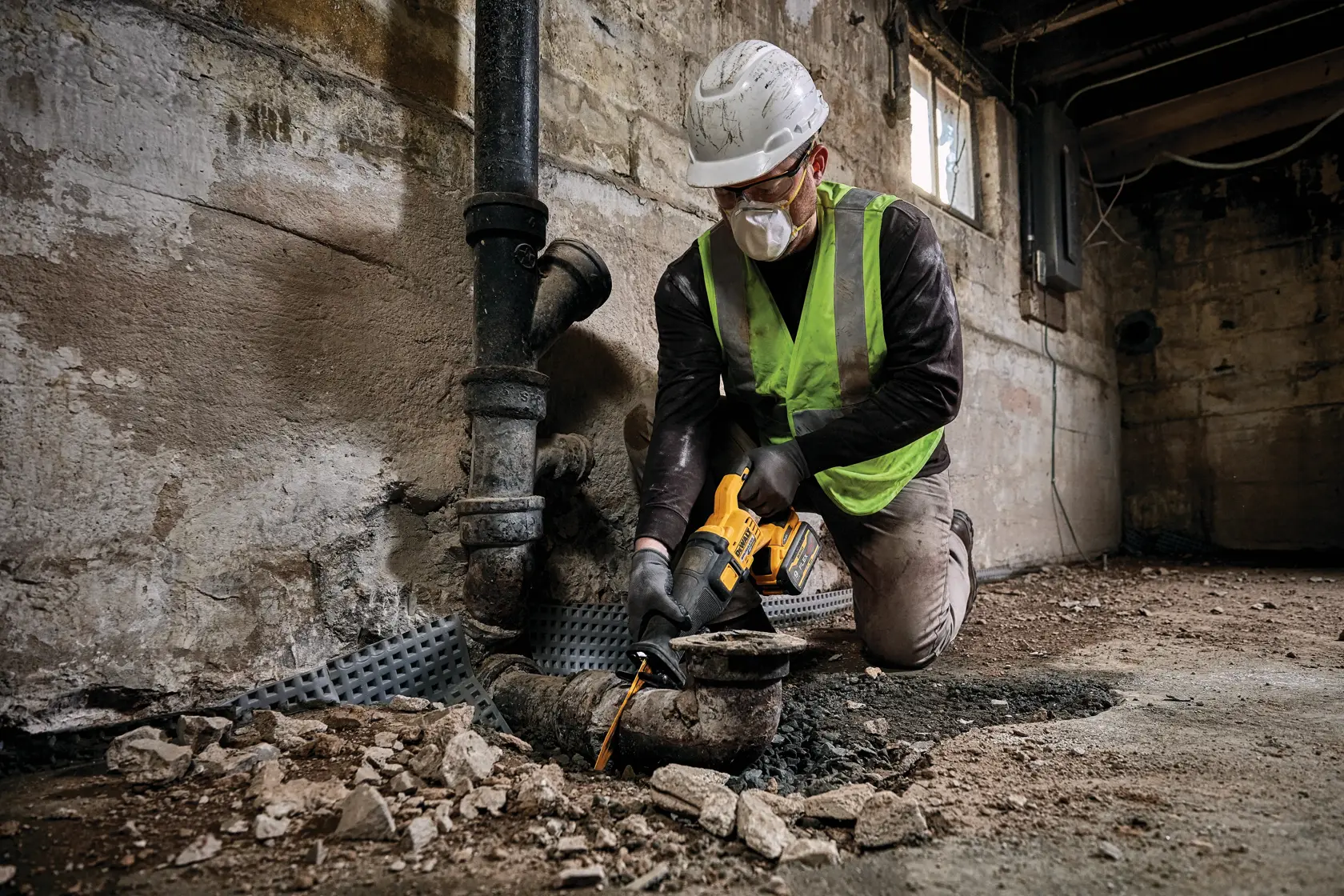 FLEXVOLT® Brushless Cordless Reciprocating Saw Kit being used by worker to cut metal pipe at worksite