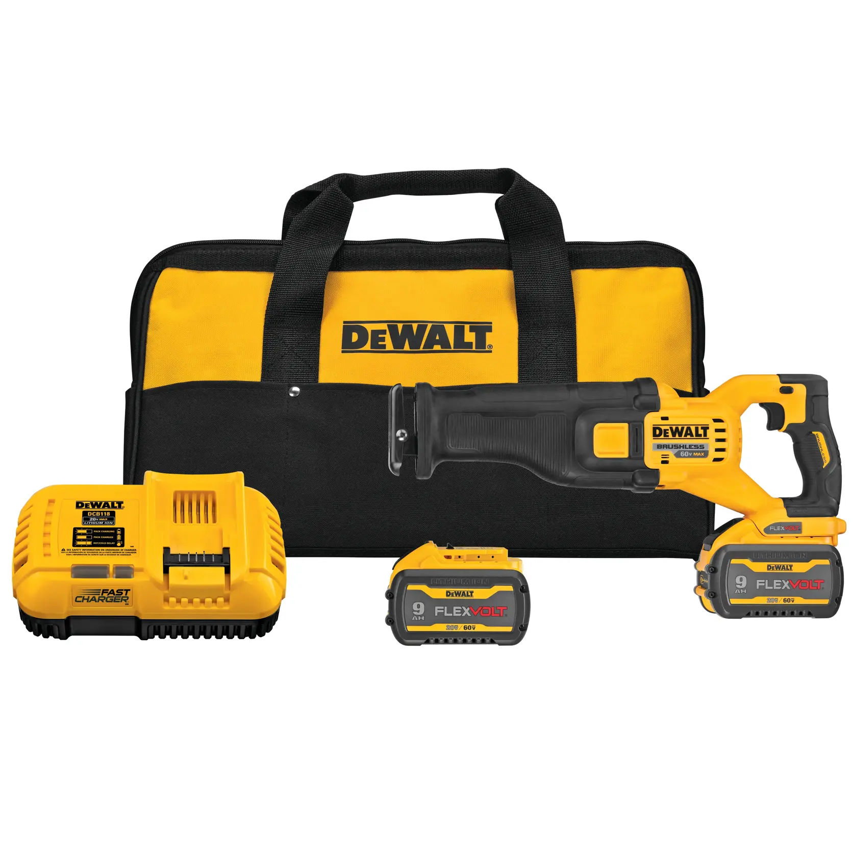 DEWALT cordless reciprocating saw kit, including a yellow and black reciprocating saw, two FlexVolt batteries, a fast charger, and a yellow and black carrying bag with DEWALT branding.