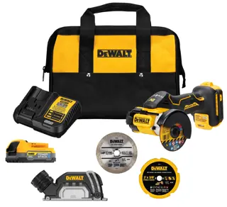 Image of all inclusions in the kit - 20V XR Cut off tool, Powerstack battery, battery charger, dust shroud, bonded abrasive wheel, diamond multi-material wheel and diamond tile wheel