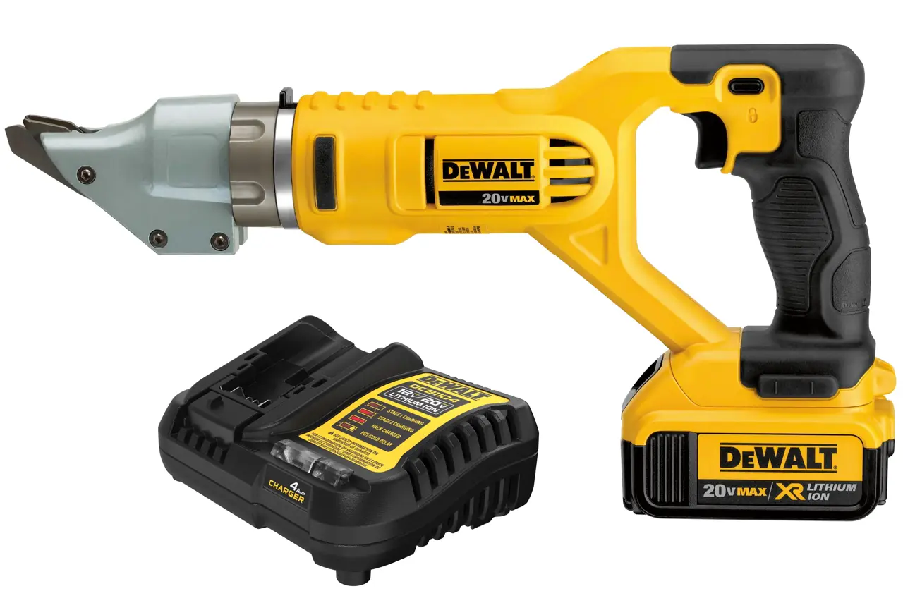 Cordless DEWALT 20V Max metal shear tool with black and yellow casing, accompanied by a DEWALT lithium-ion battery charger.
