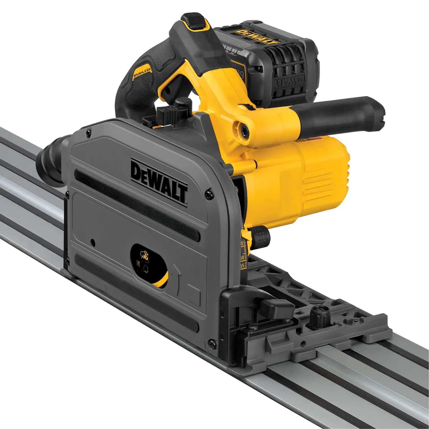 Profile of brushless TRACK SAW kit powered by FLEXVOLT.