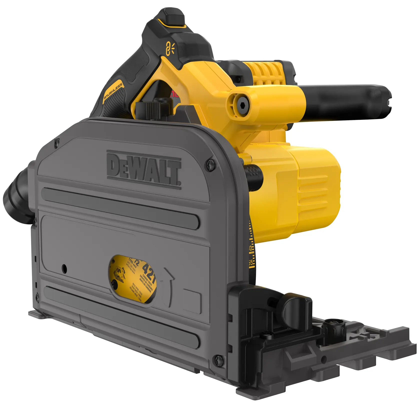 Dewalt Track Saw angled to show back of tool kitted 