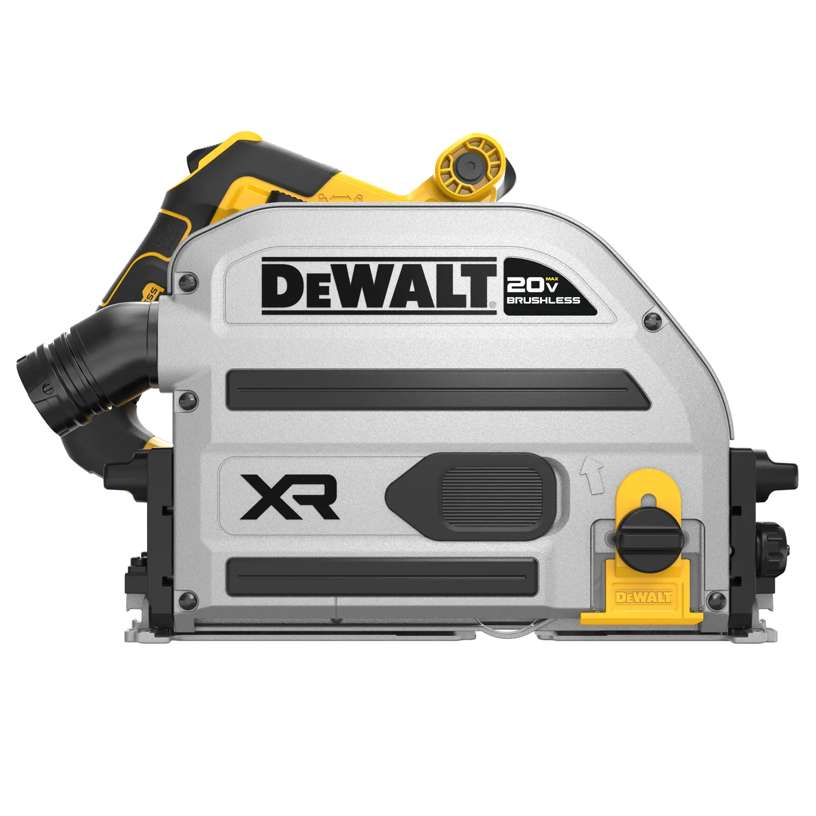 DEWALT 20V cordless brushless track saw, model DCS525B, with dust port and XR logo, side view.