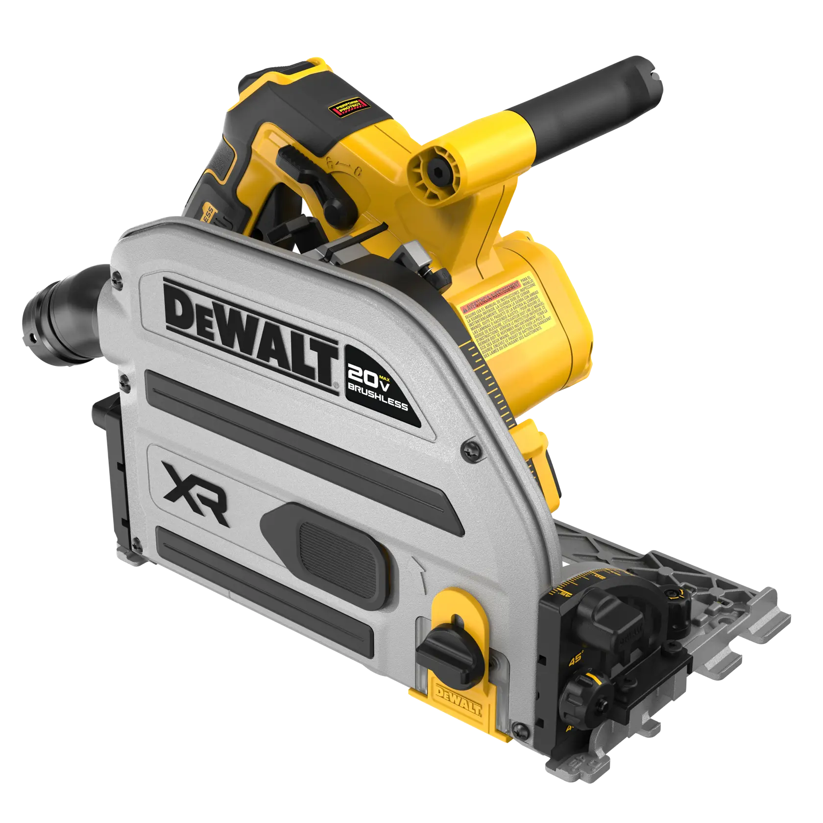 Image showing a DEWALT 20V MAX XR brushless plunge track saw with accessories. The included items listed are: DCS525 20V MAX XR plunge track saw, DWA261248TS 48T fine finish blade, onboard dual-sided wrench, right-hand splinter guard and dust bag.