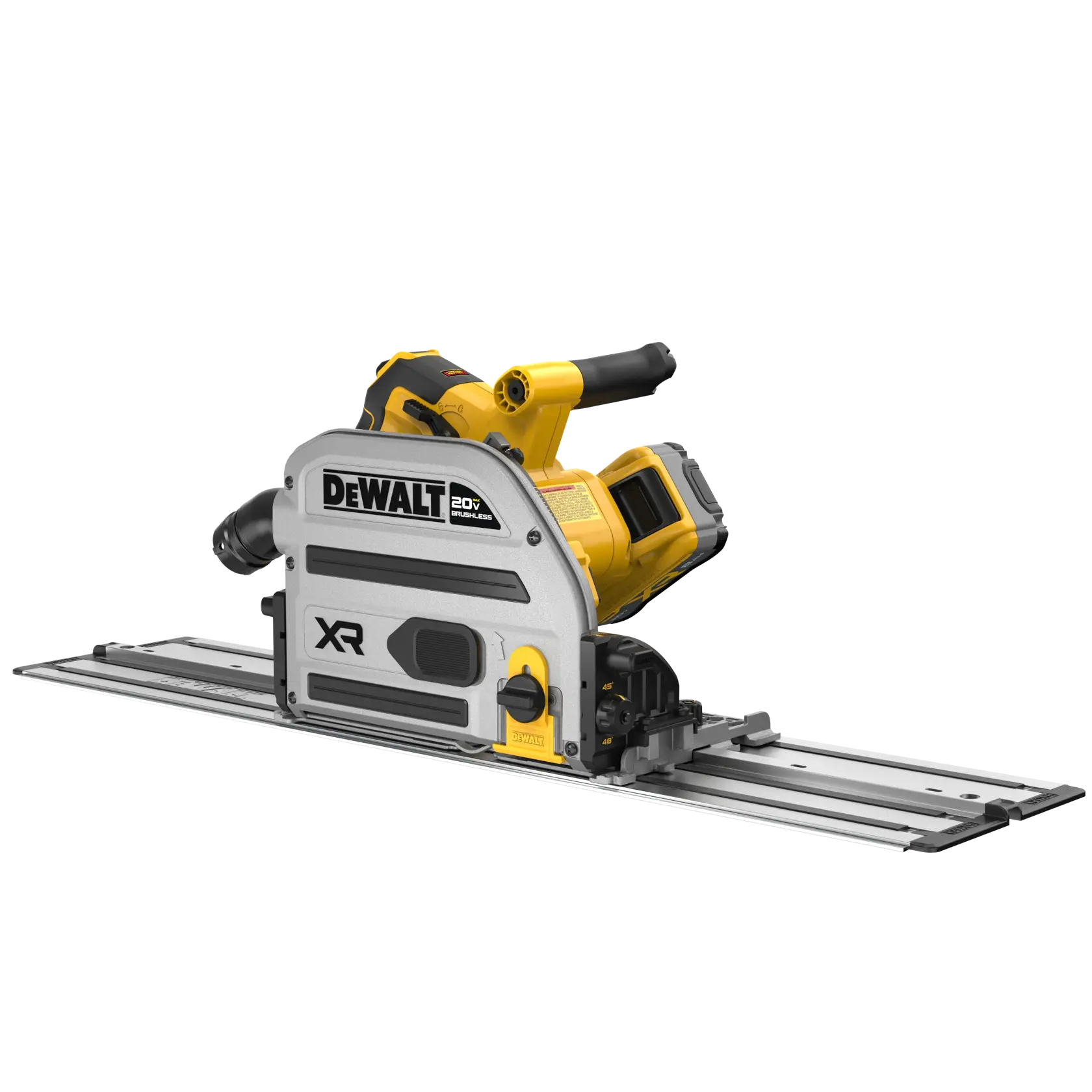 Product image showing the contents of a DEWALT kit. The kit includes a DCS525 20V MAX XR 6-1/2 inch plunge track saw, a DCB2108 20V MAX XR 8AH battery, a DCB1106 12V MAX/20V MAX/FLEXVOLT 6 amp fast charger, a DWA261248TS 48-tooth fine finish blade, and a DEWALT branded kit bag. Listed included accessories are two 30-inch plunge track saw tracks, one DWS5092 track connecting rod, one onboard dual-sided wrench, one right-hand splinter guard, and one dust bag.