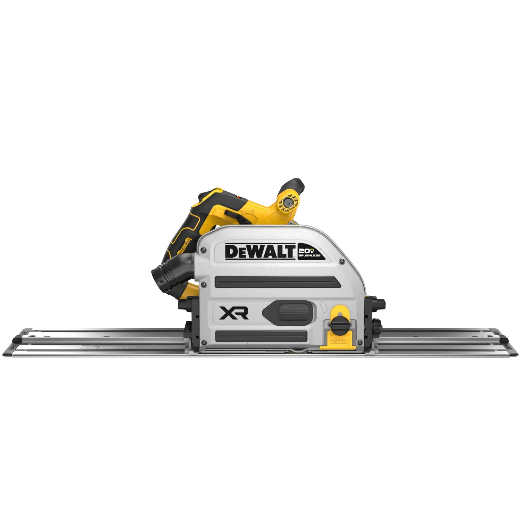 Product graphic for the DEWALT 20V MAX XR Brushless track saw. Features highlighted include: the ability to help minimize clean-up by capturing up to 94% of dust with wireless tool control, a Kickback Brake for safety, a Scribe Cut Stop for cleaner, splinter-free cuts, easy depth set adjustment for fast and accurate depth changes, and an onboard wrench for changing blades and connecting tracks. The image showcases the saw with labeled features and DEWALT branding.