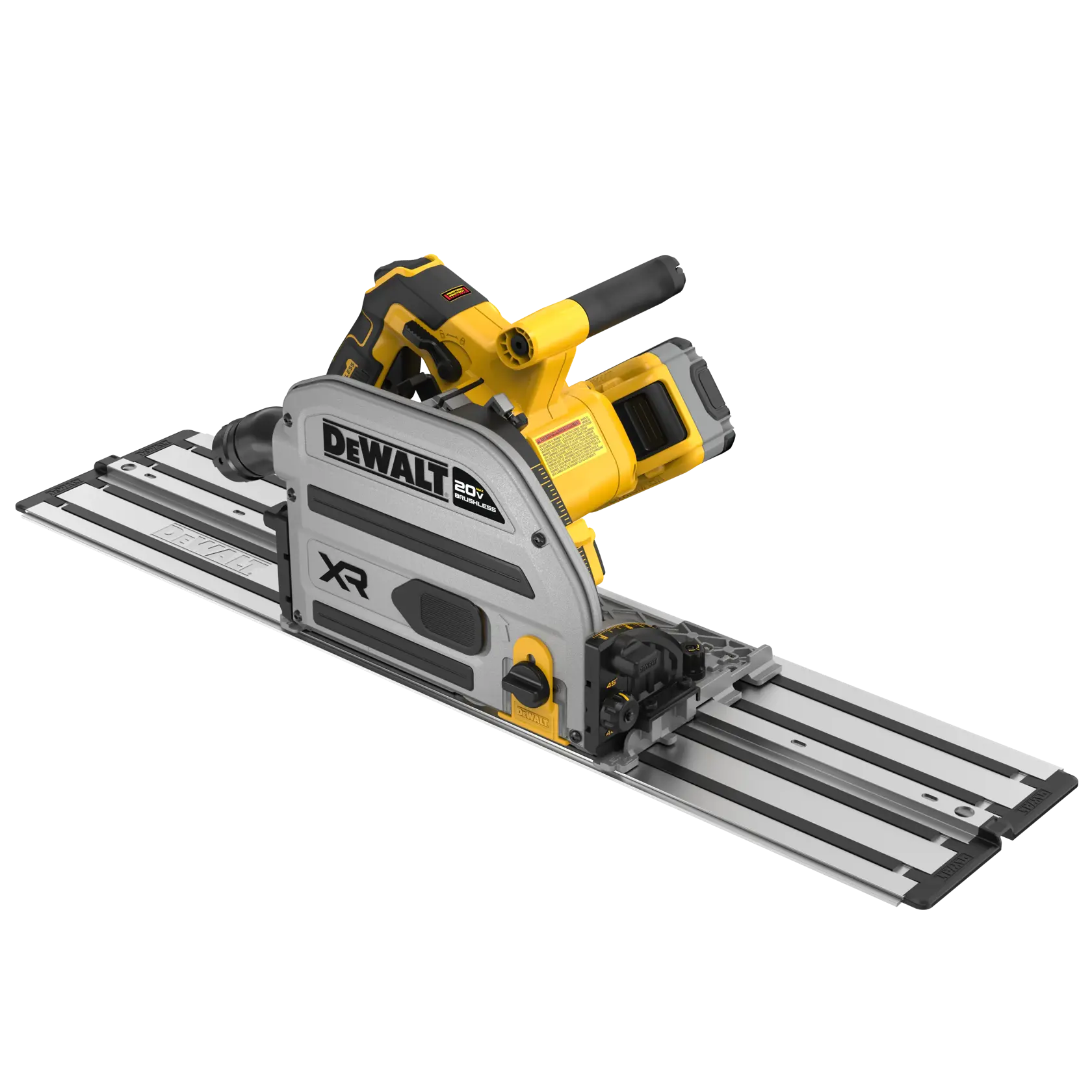 A person using a DEWALT 20V XR circular saw with a vacuum hose attached, cutting wood in an indoor workshop. The text overlay reads: 'Delivers more power with advanced control vs. the leading competitor'.