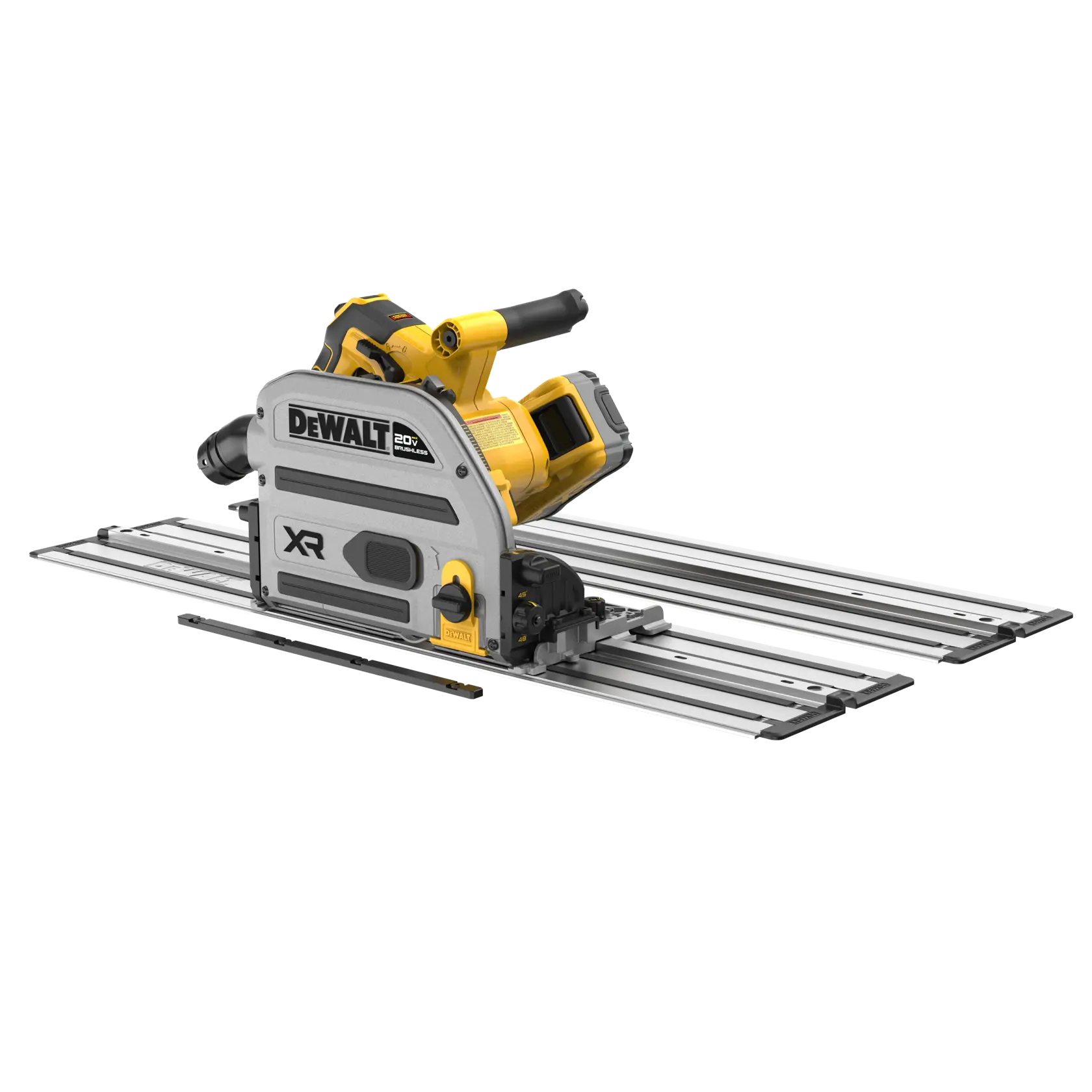 Une scie à rail sans fil DEWALT 20V XR posée sur des rails métalliques, conçue pour des coupes de bois précises.