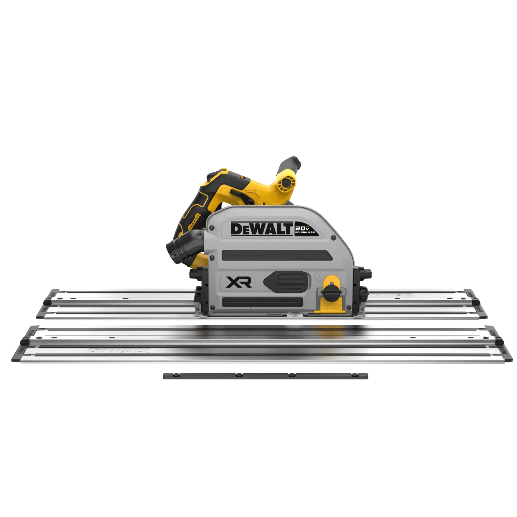 A DEWALT 20V XR cordless track saw with guide rails, shown from the side. The saw features a yellow and black handle, silver body, and is placed on metal tracks for precision cutting.