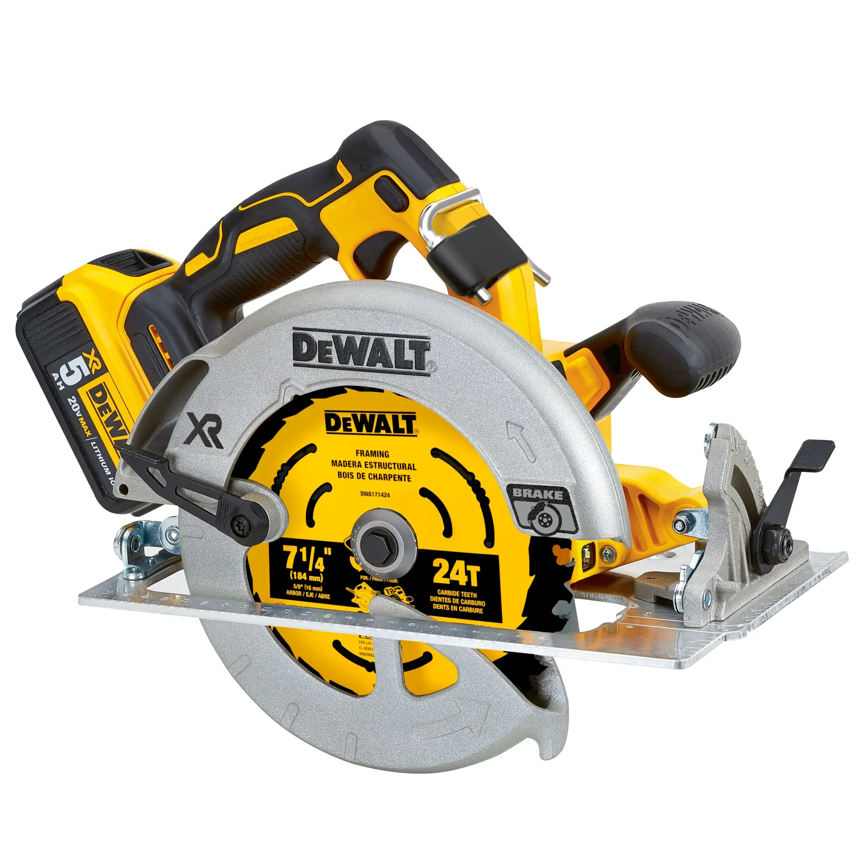 A DEWALT cordless circular saw with a yellow and black design, featuring a 7-1/4 inch blade, 24 teeth, and a 20V lithium-ion battery. The saw is intended for framing and woodwork.