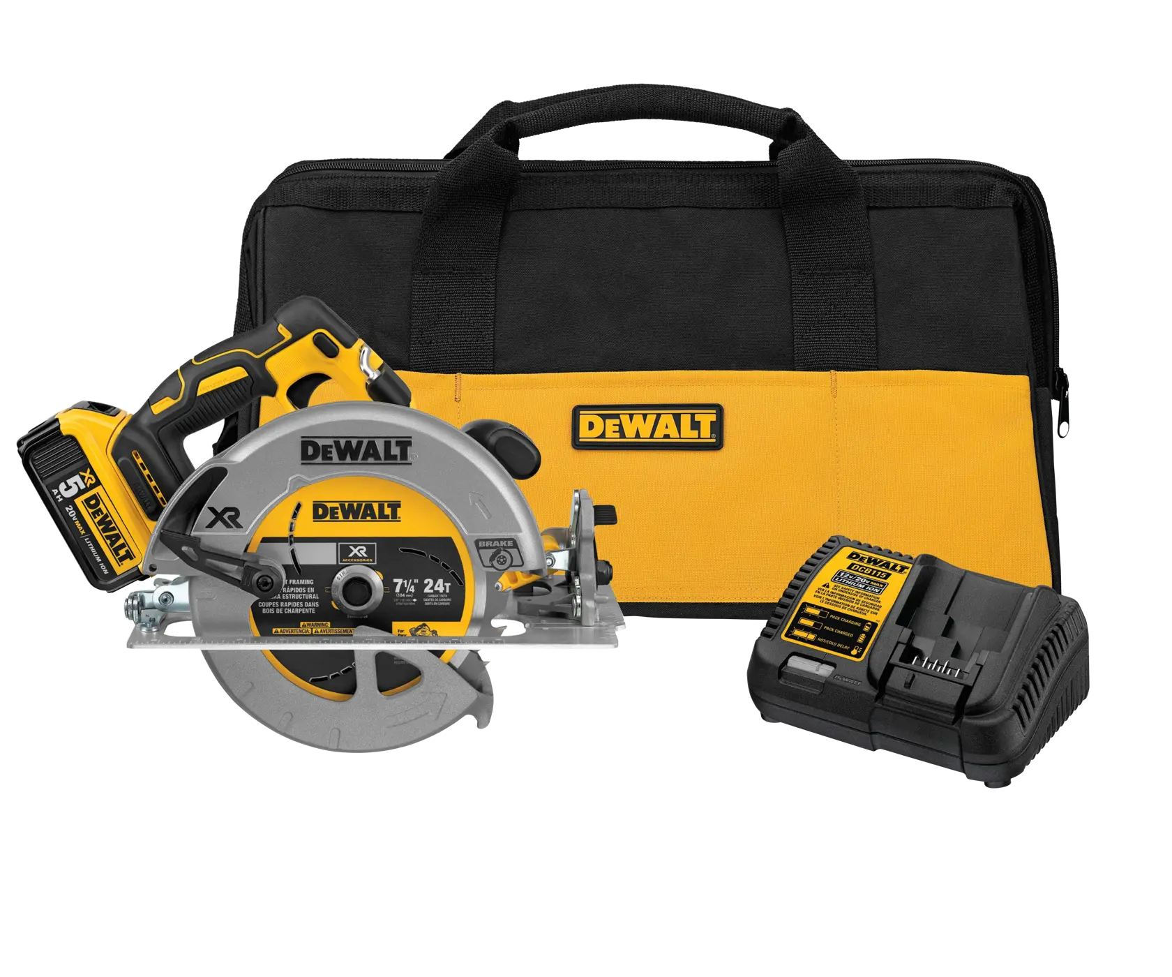 A DEWALT cordless circular saw kit, including a yellow and black circular saw, a battery, a charger, and a large yellow and black carrying bag, all featuring the DEWALT logo.