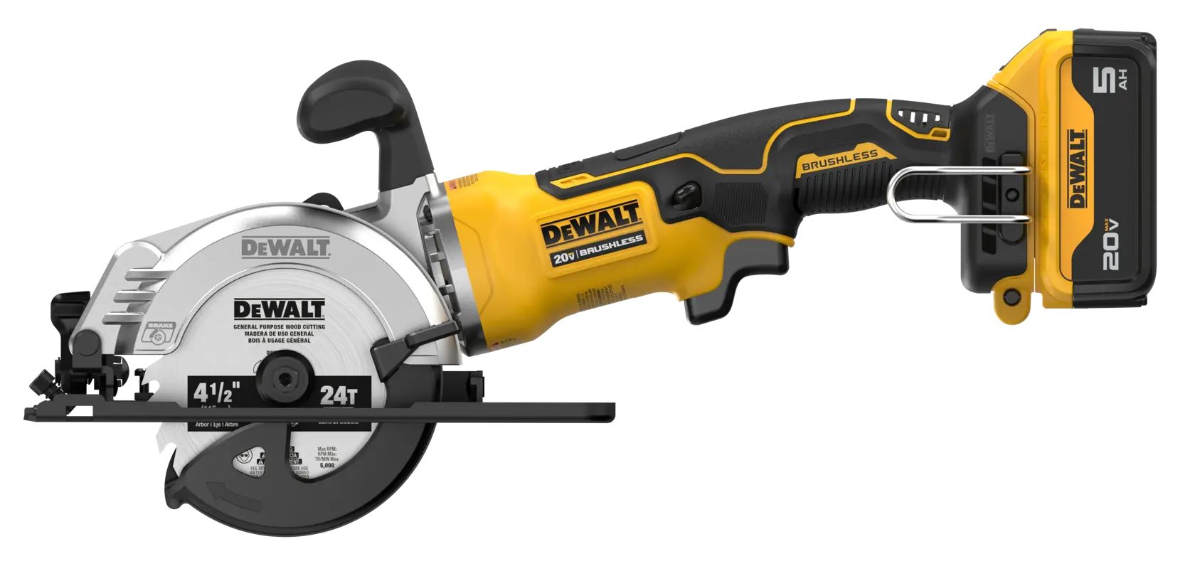 A DEWALT DCS571P1 20V cordless brushless circular saw with a yellow and black handle, silver blade guard, and 5.0 Ah battery attached.