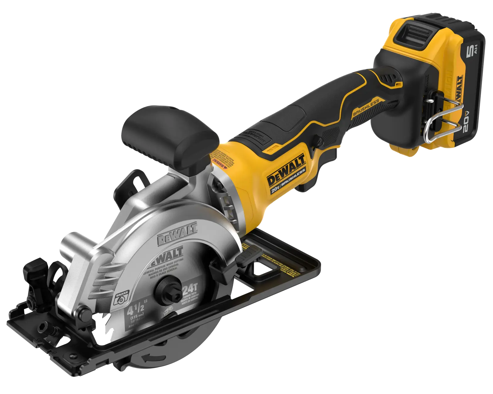 A DEWALT cordless circular saw with a yellow and black design, featuring a 20V lithium-ion battery pack and a silver blade. The saw has an ergonomic handle and safety guard.