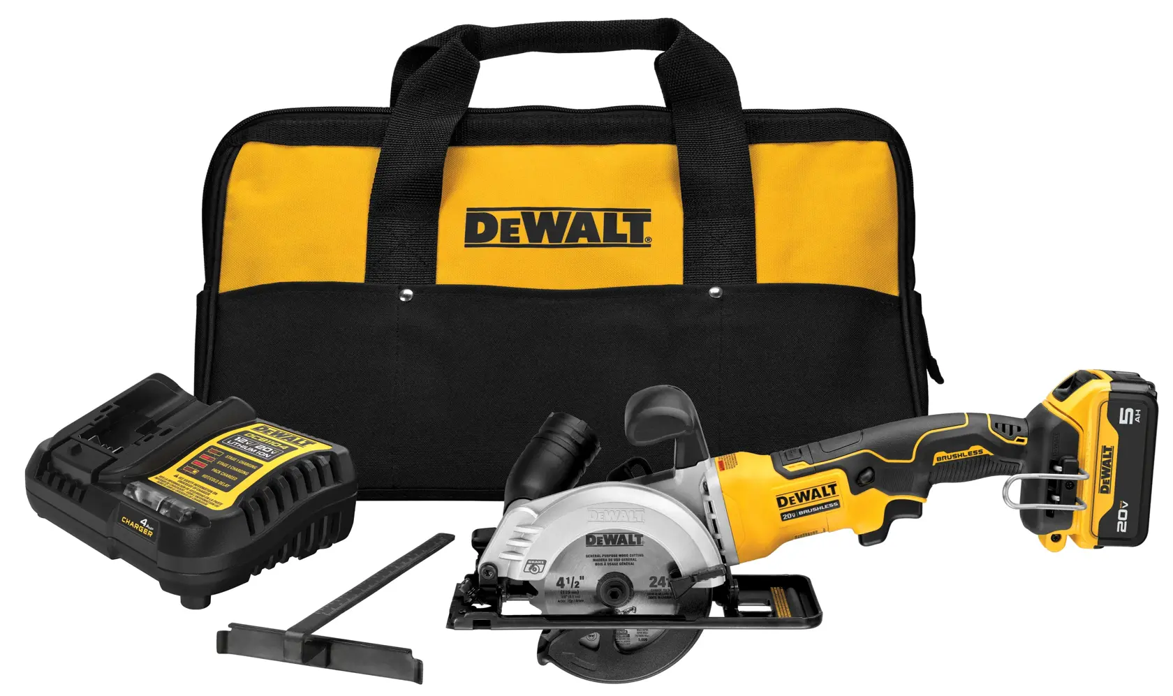 A DEWALT cordless circular saw set including a yellow and black carrying bag, battery charger, guide, and the saw with battery attached.