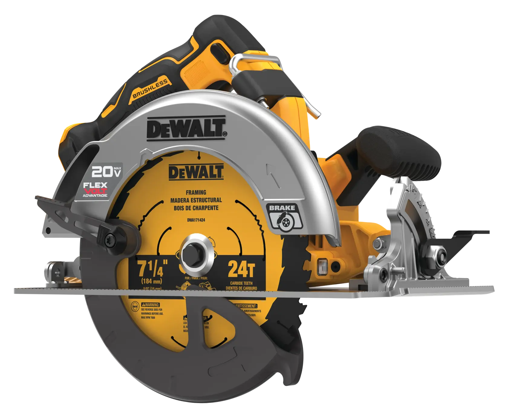 A close-up view of a DEWALT cordless circular saw, model DCS573B, featuring a 7-1/4 inch blade. The saw is yellow and black with prominent DEWALT branding, and includes a brushless motor, brake, and 20V FLEXVOLT Advantage technology.