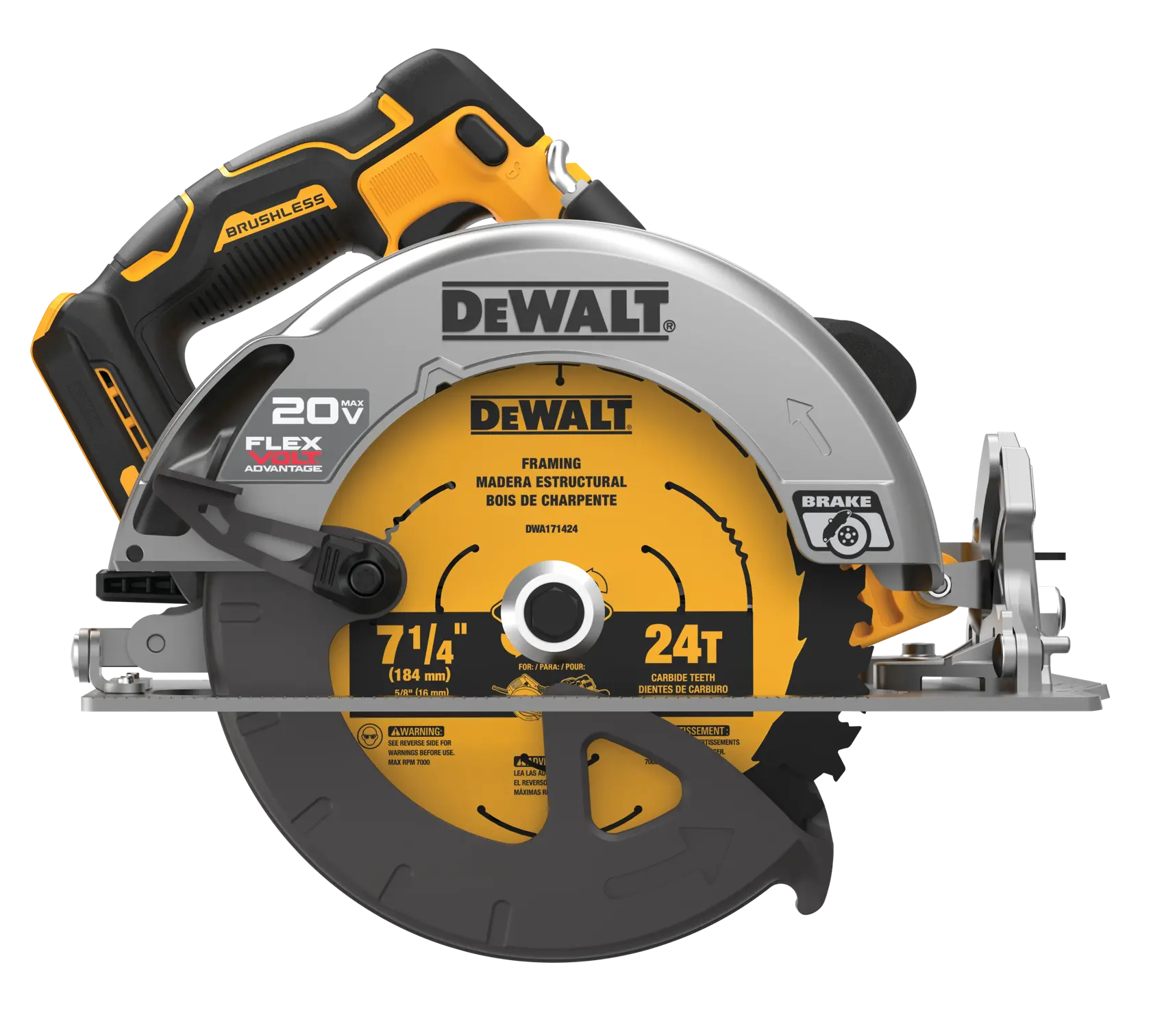 A DEWALT 20V cordless circular saw, model DCS573B, featuring a yellow and black design with a 7 1/4 inch (184 mm) carbide-tipped framing blade. The saw is brushless and has a FlexVolt Advantage label.