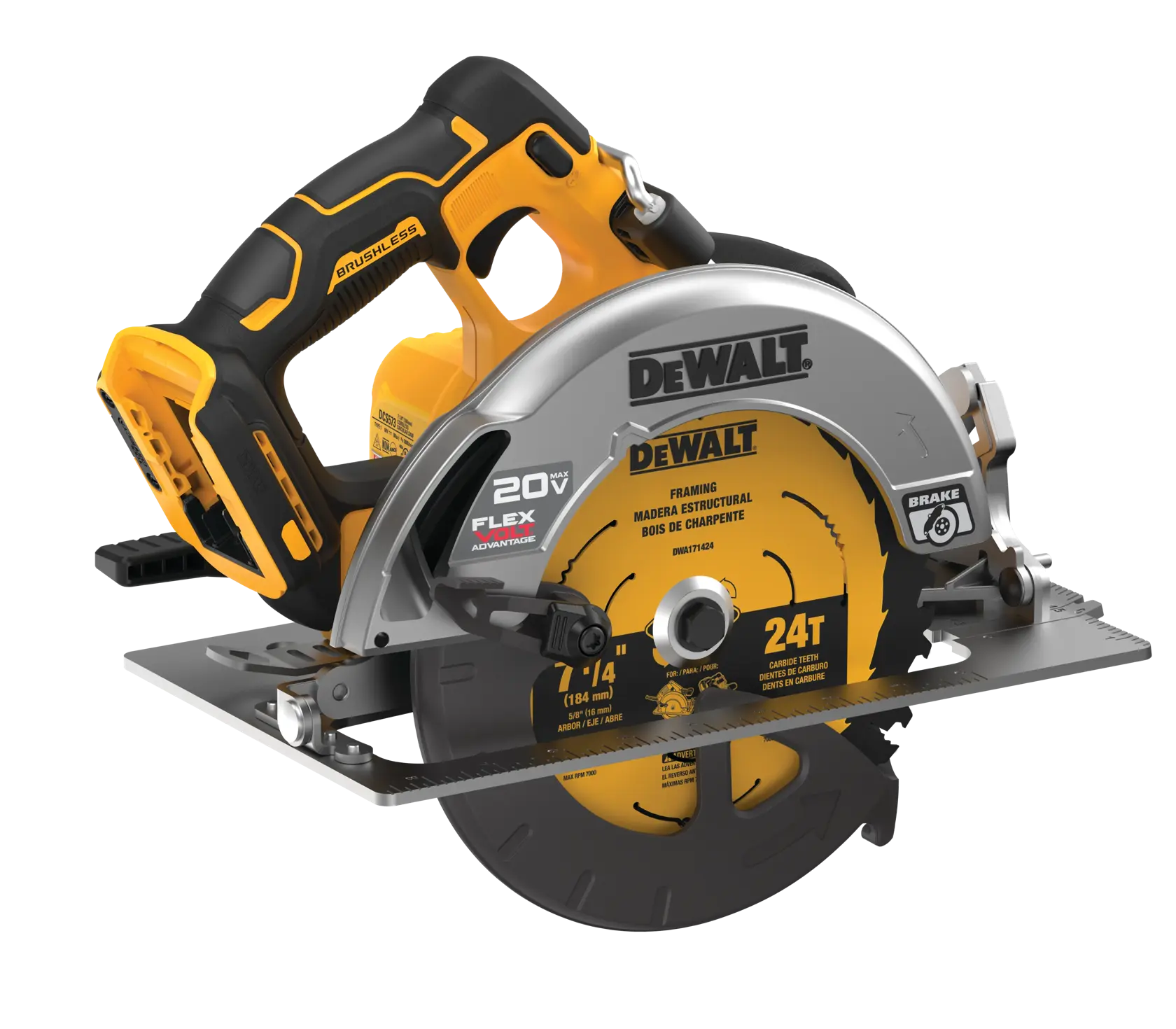 A DEWALT cordless circular saw, model DCS573B, featuring a brushless motor and 20V battery with FLEXVOLT Advantage. The saw is designed for framing, with a yellow and black handle and blade guard, and a 24-tooth blade attached.