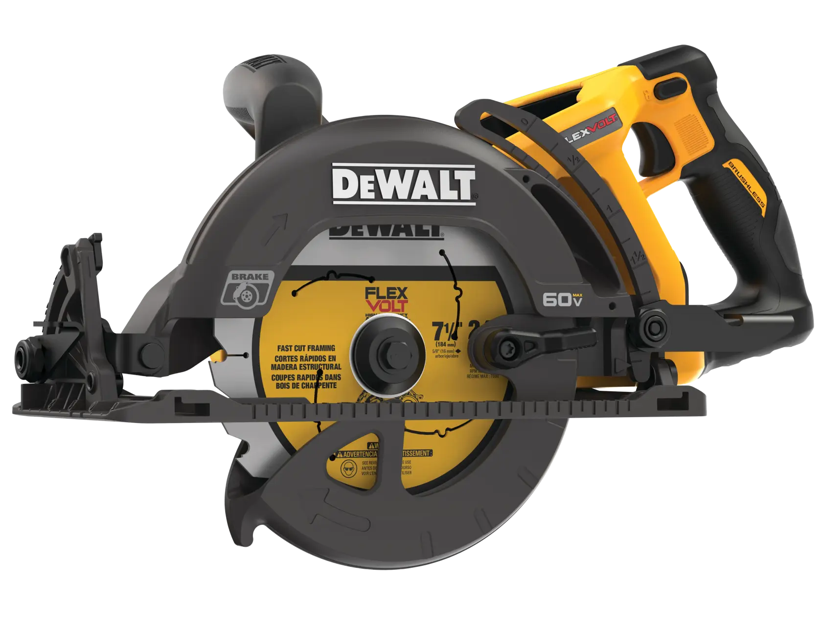 Profile of FLEXVOLT cordless worm drive style saw.