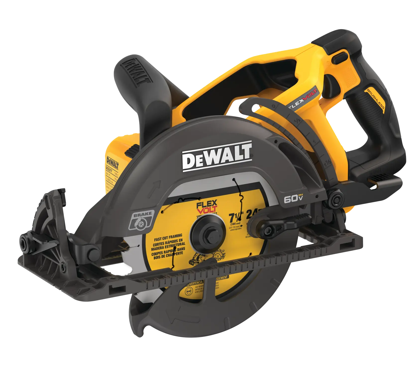 Profile of FLEXVOLT cordless worm drive style saw.