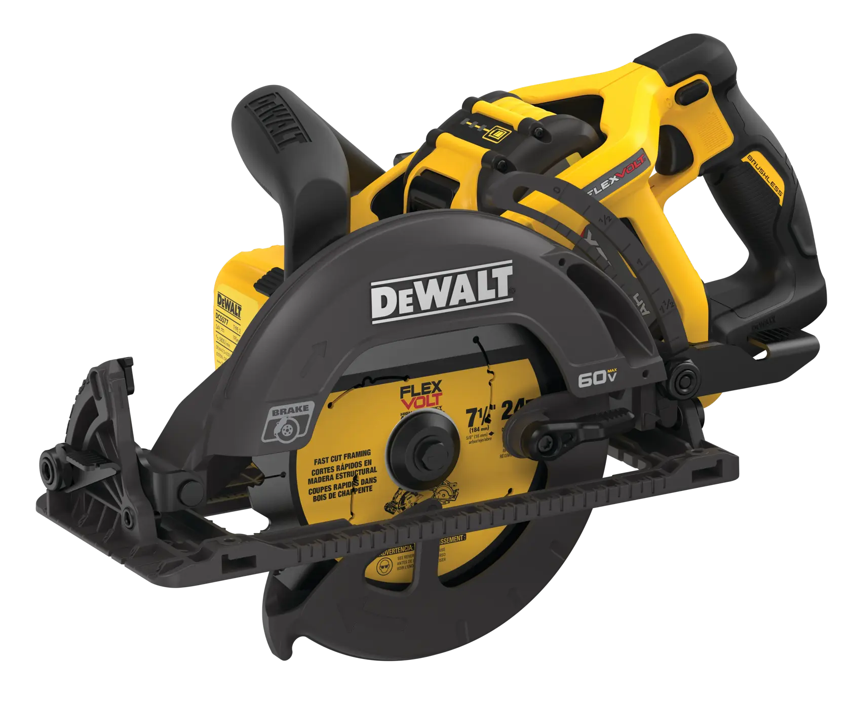Profile of FLEXVOLT cordless worm drive style saw 9.0 AMP hours battery.