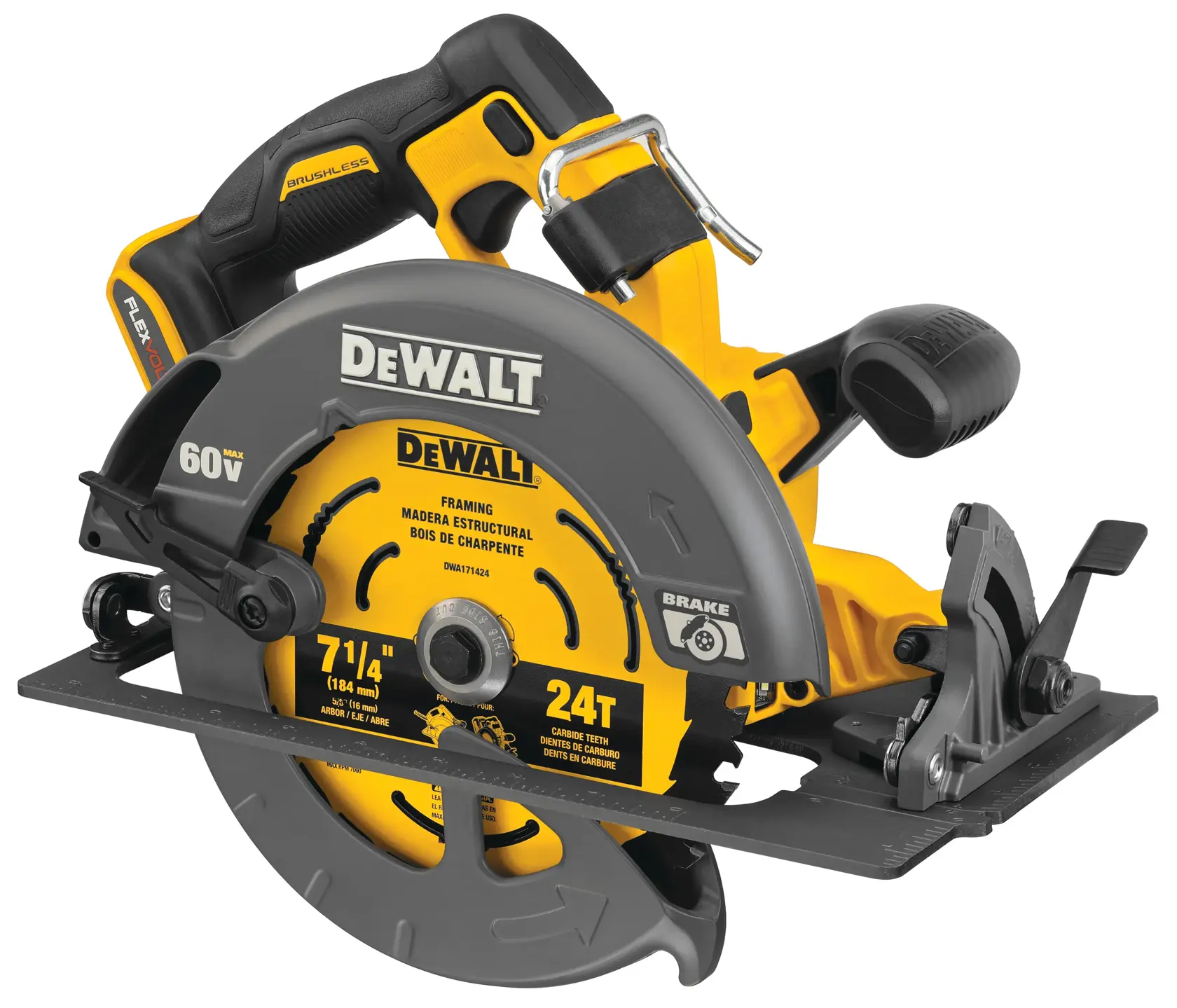 Profile of FLEXVOLT brushless cordless circular saw with brake.