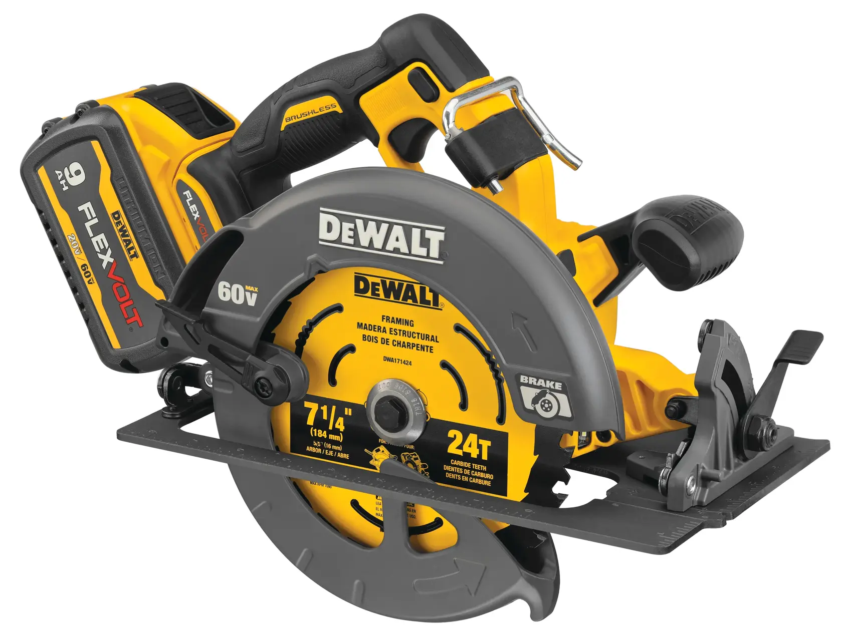 FLEXVOLT brushless cordless circular saw with brake kit being used by person on wood.