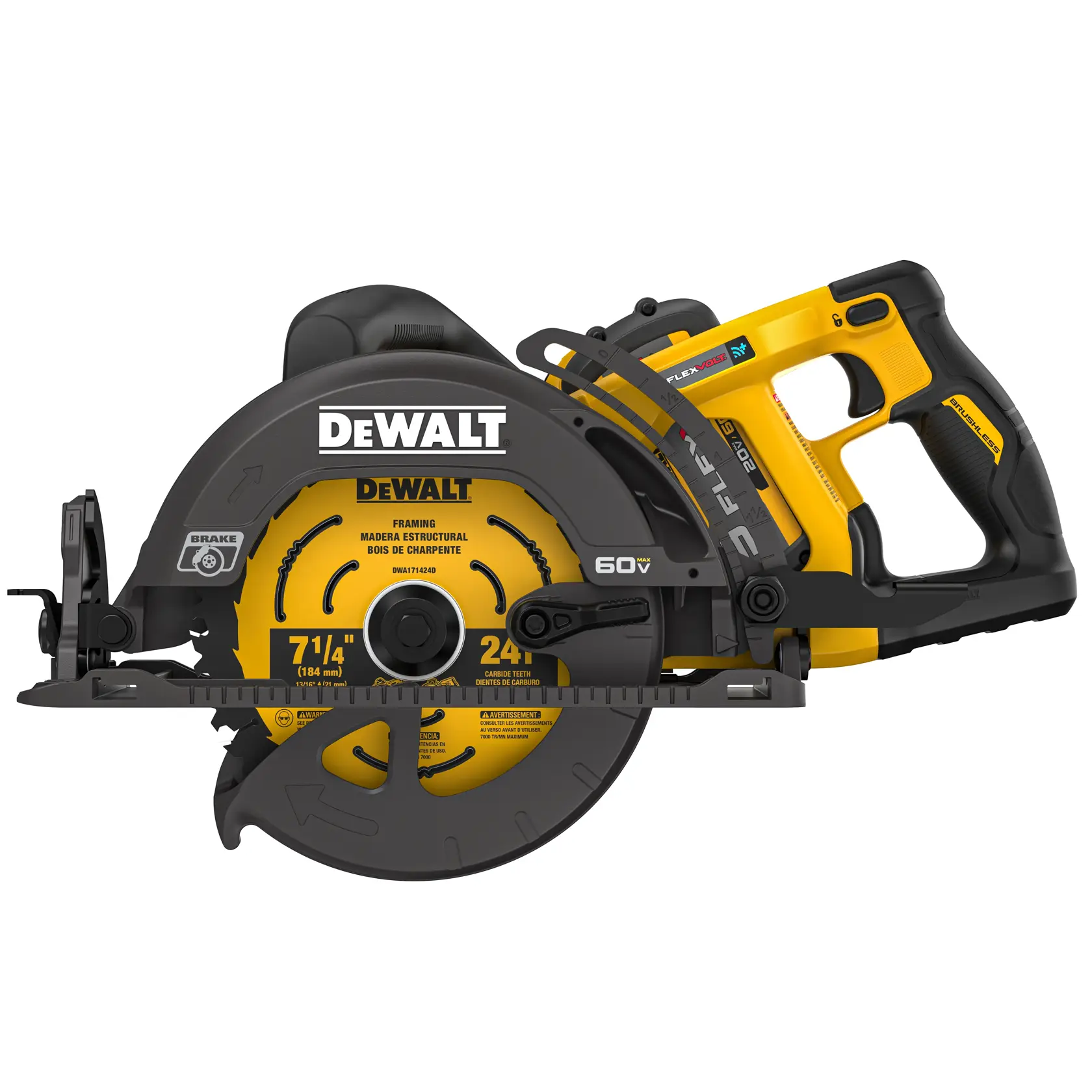 A DEWALT cordless circular saw with a yellow and black design, featuring a 7-1/4 inch blade and labeled with 60V FLEXVOLT technology. The tool is designed for framing and construction use.